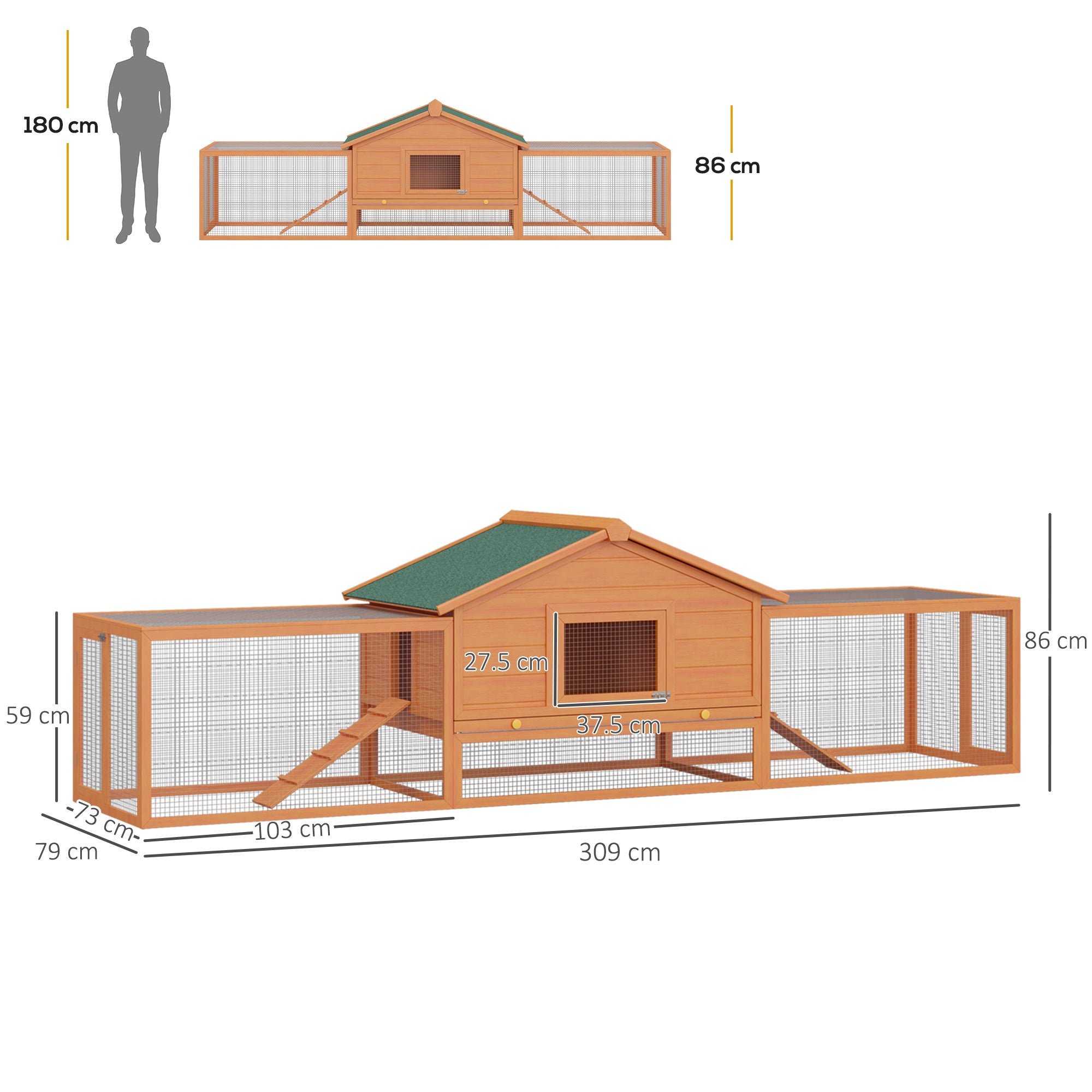 PawHut Rabbit Hutch Run, Guinea Pig Hutch Wooden Bunny House with Tray, Ramps, Asphalt Roof, for Garden, Yard, 309 x 70 x 87cm, Orange