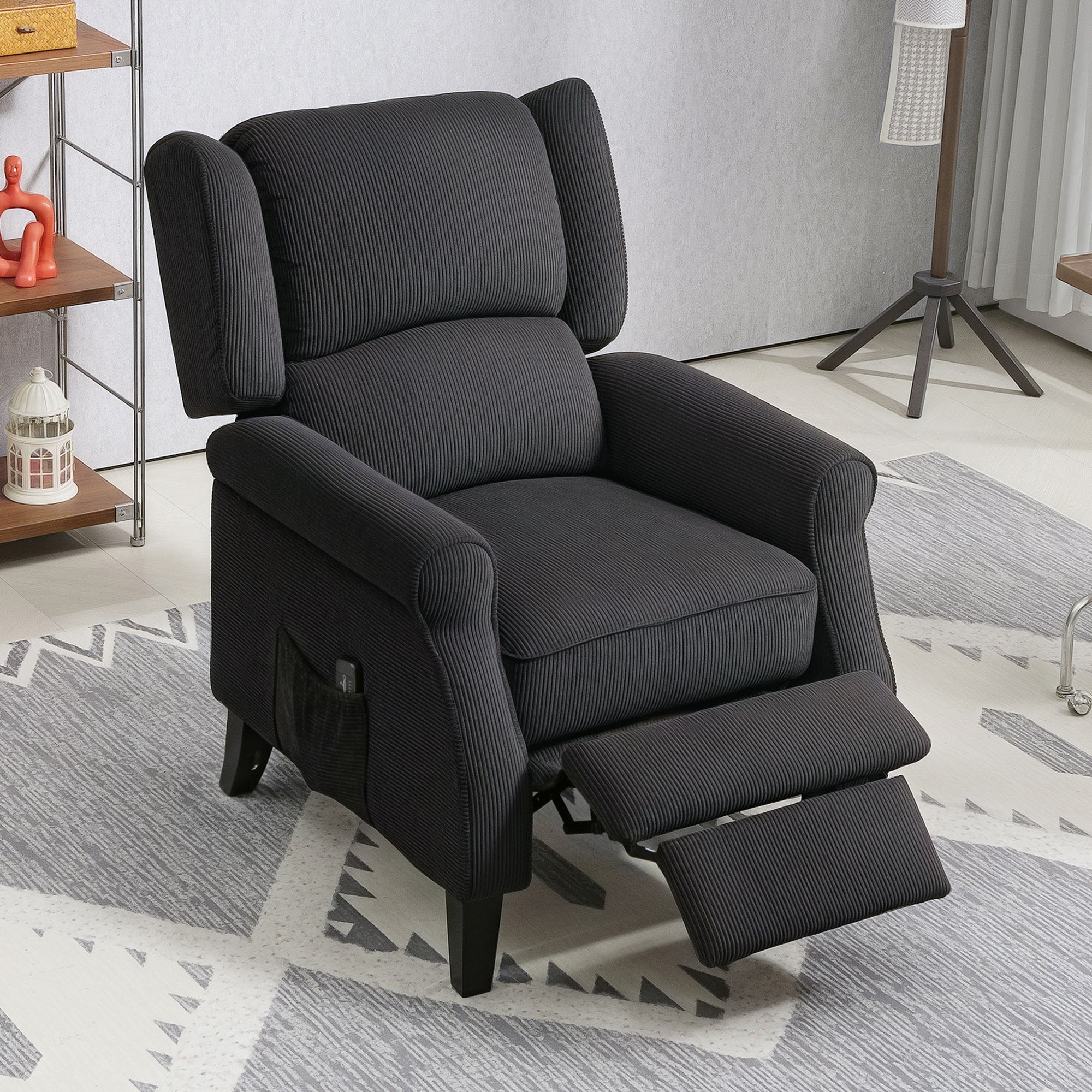 HOMCOM Massage Recliner Chair for Living Room, Push Back Recliner Sofa, Wingback Reclining Chair with Extendable Footrest, Remote Control, Side Pockets, Black