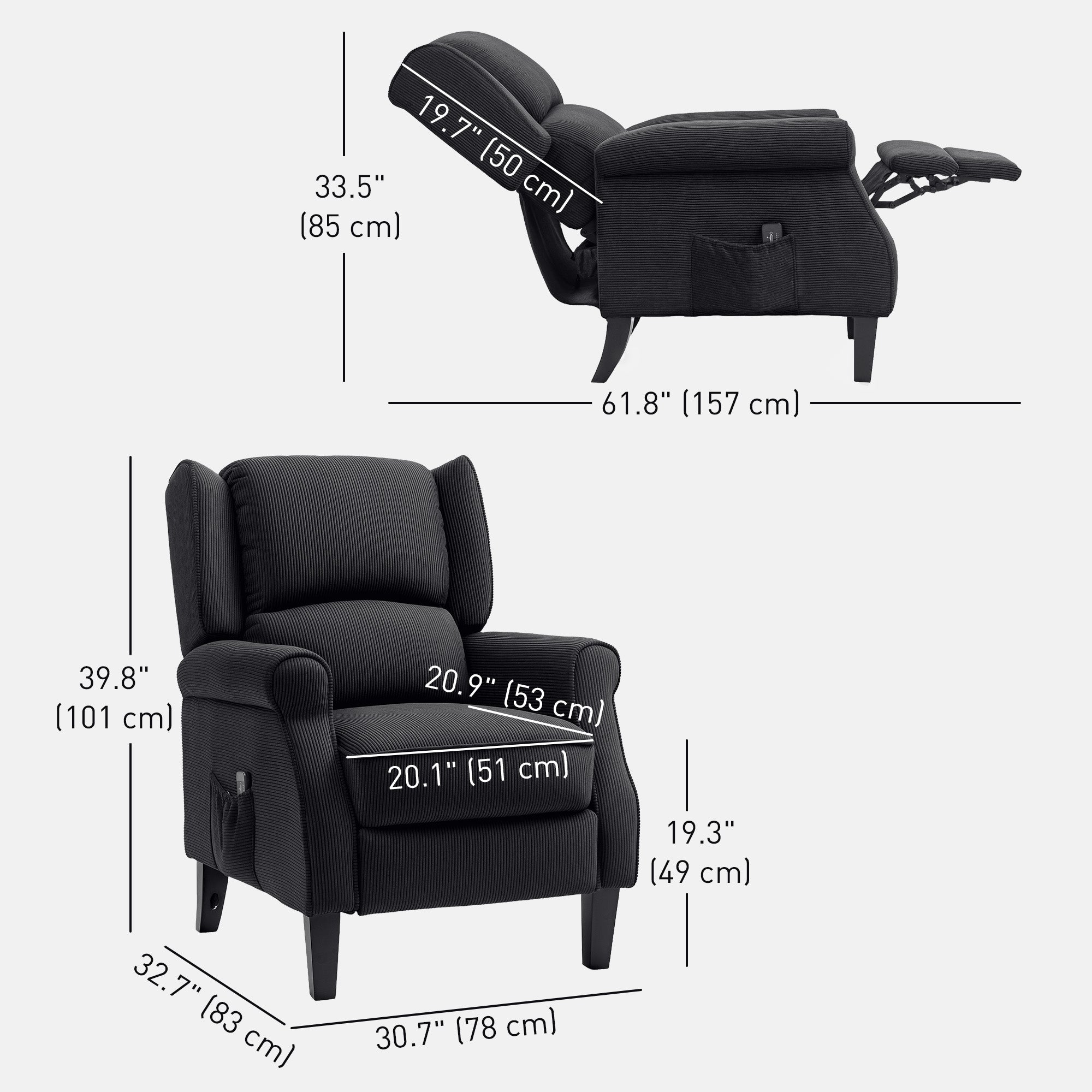 HOMCOM Massage Recliner Chair for Living Room, Push Back Recliner Sofa, Wingback Reclining Chair with Extendable Footrest, Remote Control, Side Pockets, Black