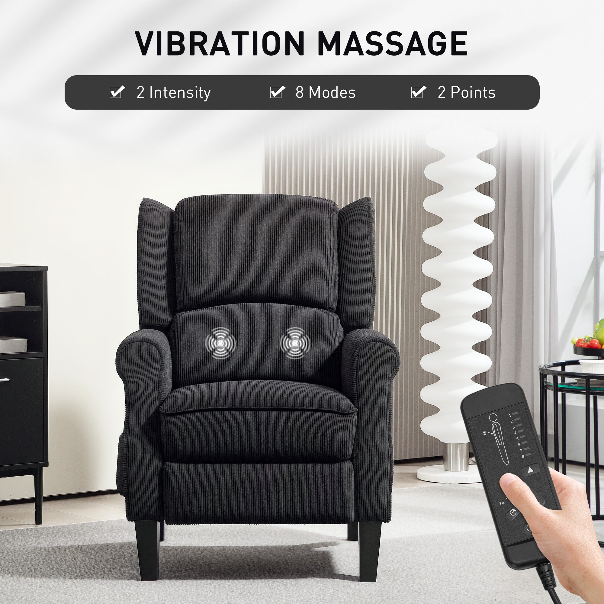 HOMCOM Massage Recliner Chair for Living Room, Push Back Recliner Sofa, Wingback Reclining Chair with Extendable Footrest, Remote Control, Side Pockets, Black