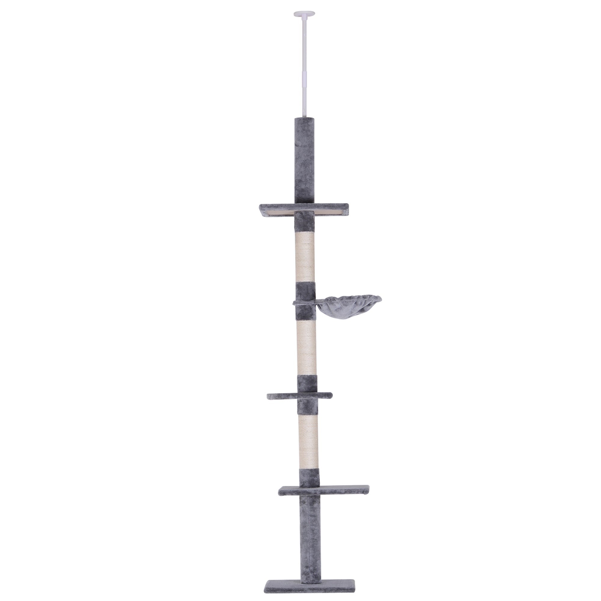 PawHut Floor to Ceiling Cat Tree for Indoor Cats 5-Tier Kitty Tower Climbing Activity Center Scratching Post Adjustable Height 230-260 cm Grey