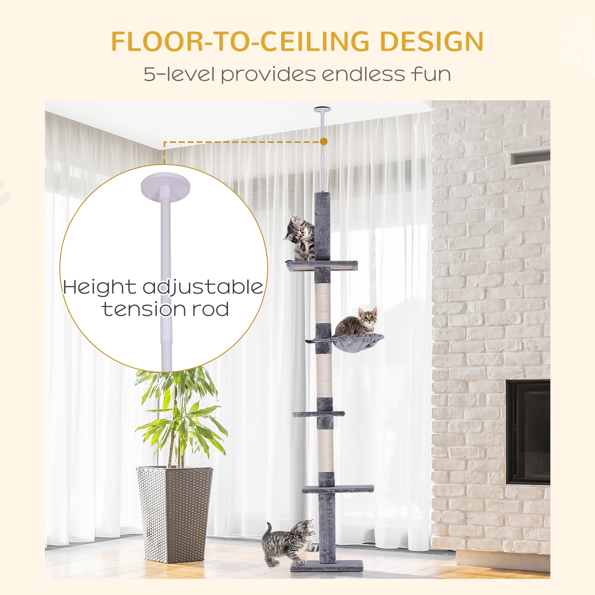 PawHut 8.5ft Cat Climbing Tree 5-Tier Kitty Activity Center Floor-to-Ceiling Cat Climber Toy with Scratching Post Play Rest Post Pet Furniture Grey