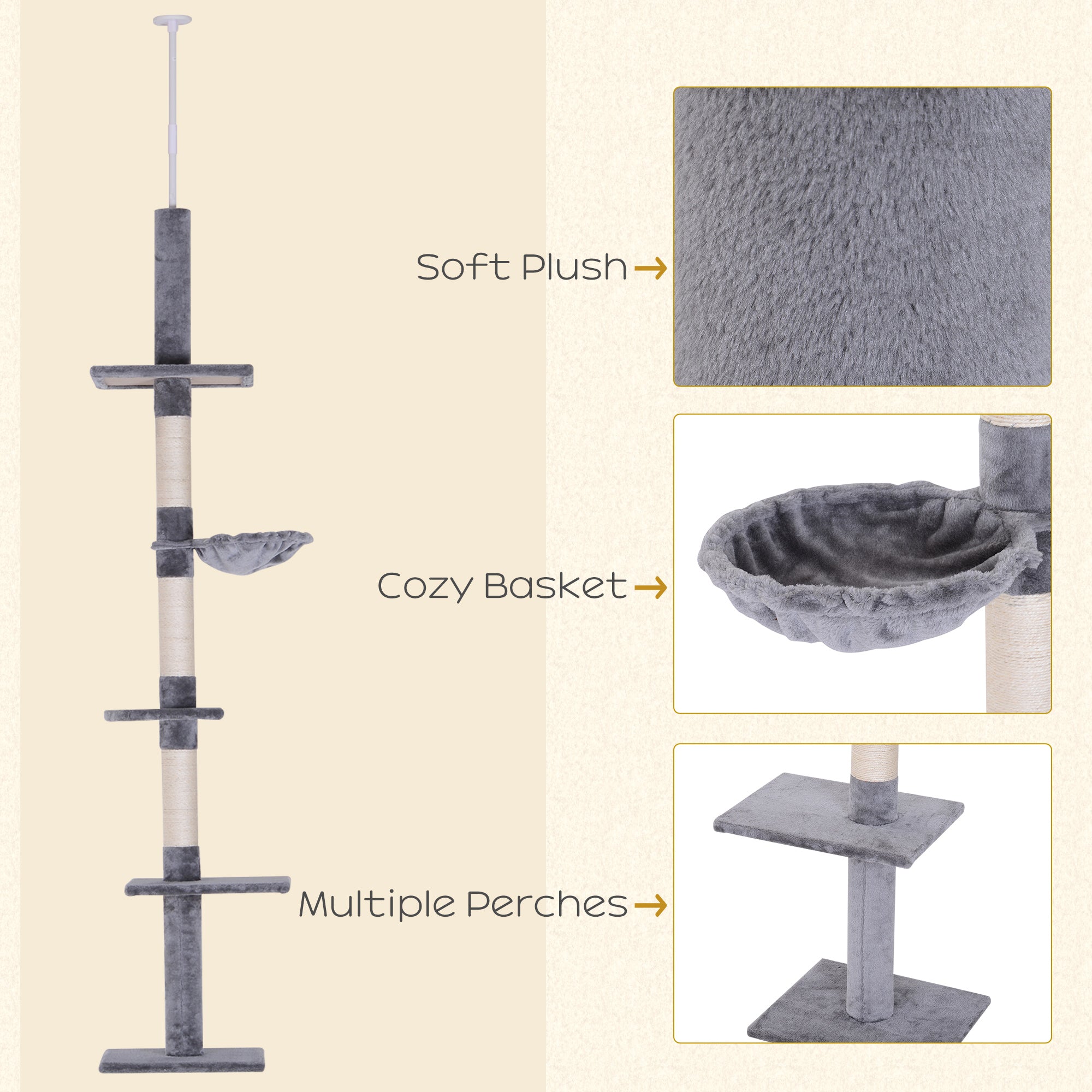 PawHut 8.5ft Cat Climbing Tree 5-Tier Kitty Activity Center Floor-to-Ceiling Cat Climber Toy with Scratching Post Play Rest Post Pet Furniture Grey