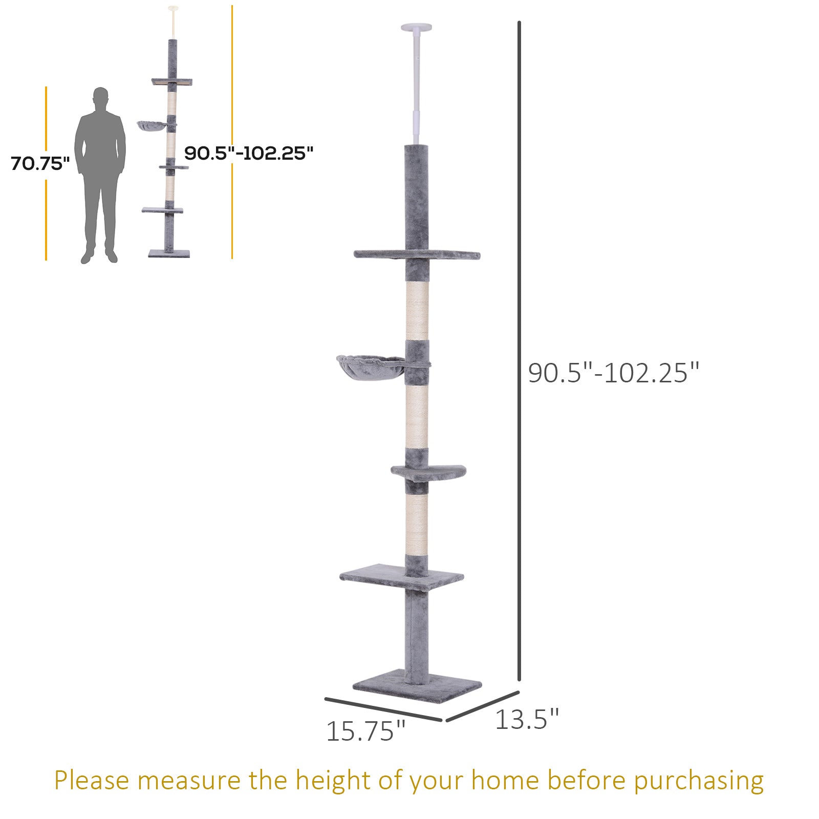 PawHut 8.5ft Cat Climbing Tree 5-Tier Kitty Activity Center Floor-to-Ceiling Cat Climber Toy with Scratching Post Play Rest Post Pet Furniture Grey