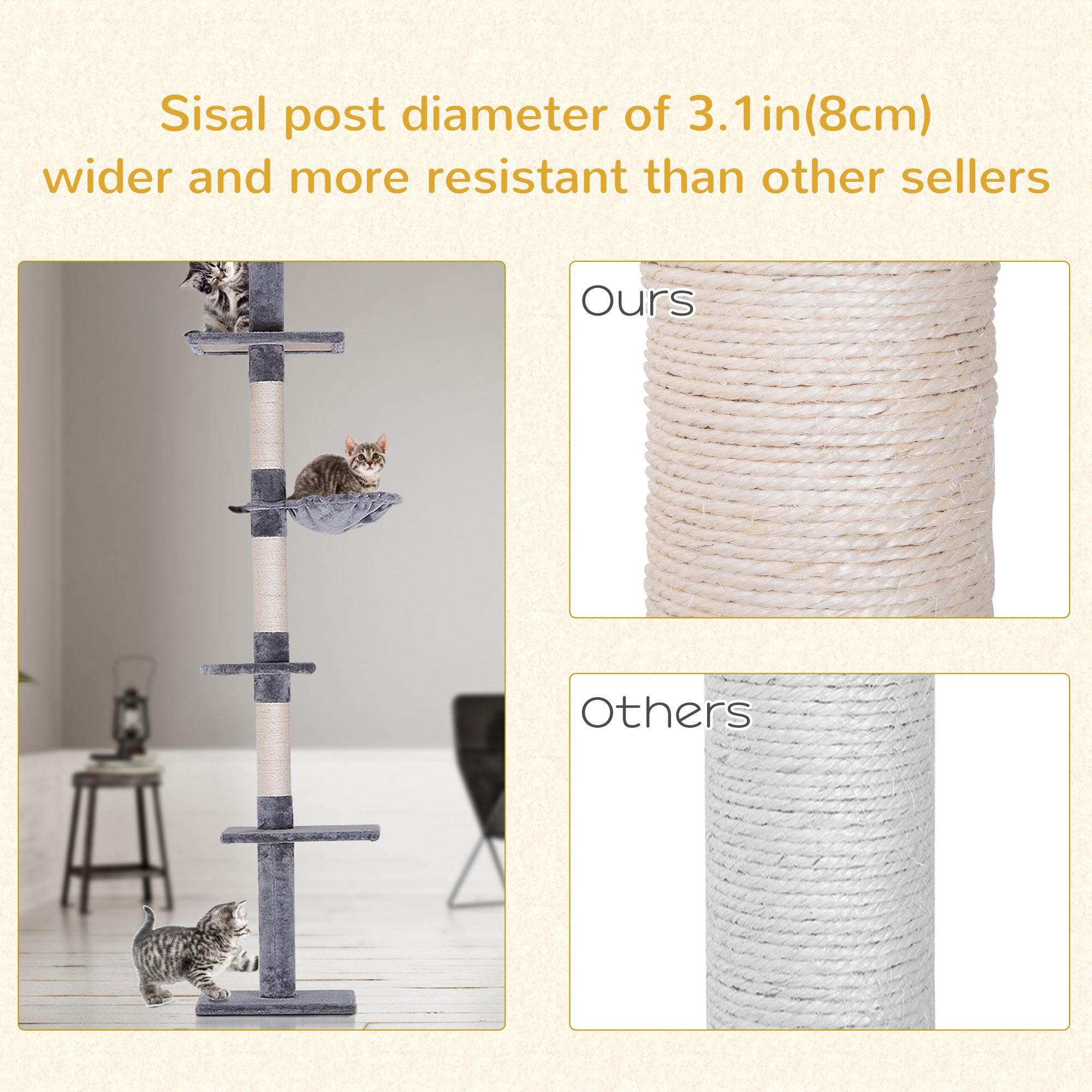 PawHut 8.5ft Cat Climbing Tree 5-Tier Kitty Activity Center Floor-to-Ceiling Cat Climber Toy with Scratching Post Play Rest Post Pet Furniture Grey