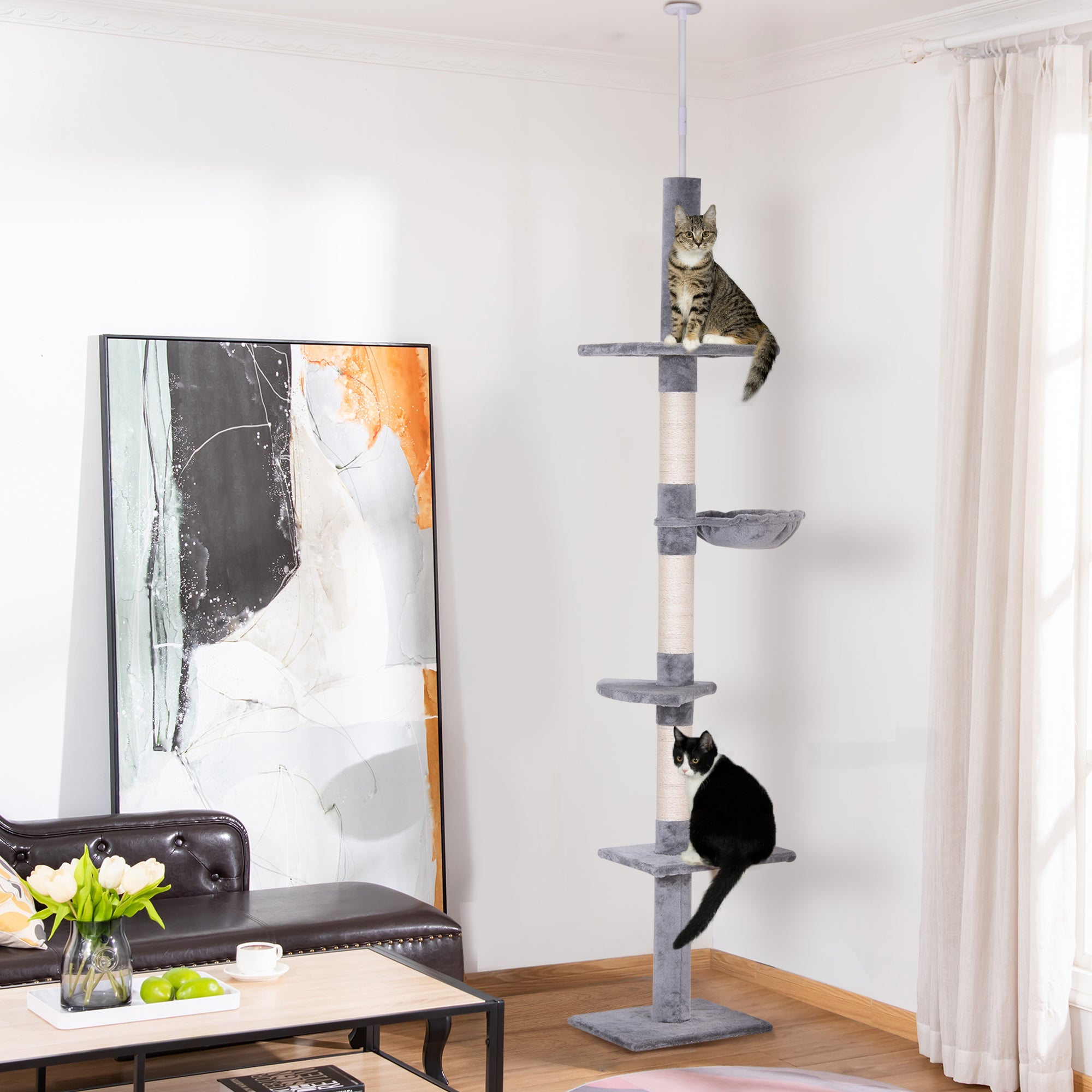 PawHut 8.5ft Cat Climbing Tree 5-Tier Kitty Activity Center Floor-to-Ceiling Cat Climber Toy with Scratching Post Play Rest Post Pet Furniture Grey