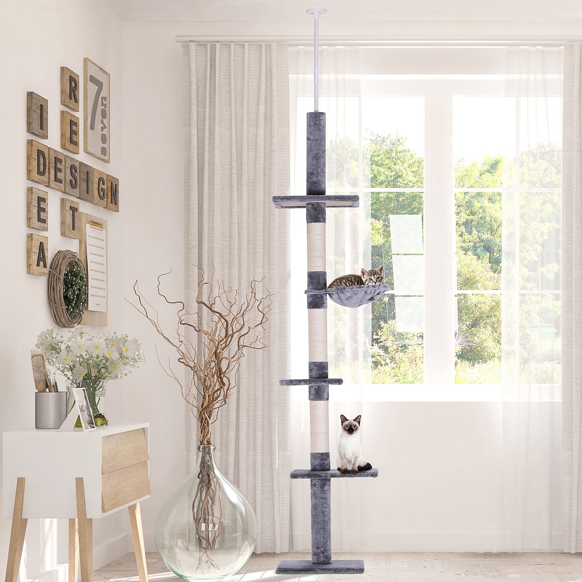 PawHut 8.5ft Cat Climbing Tree 5-Tier Kitty Activity Center Floor-to-Ceiling Cat Climber Toy with Scratching Post Play Rest Post Pet Furniture Grey