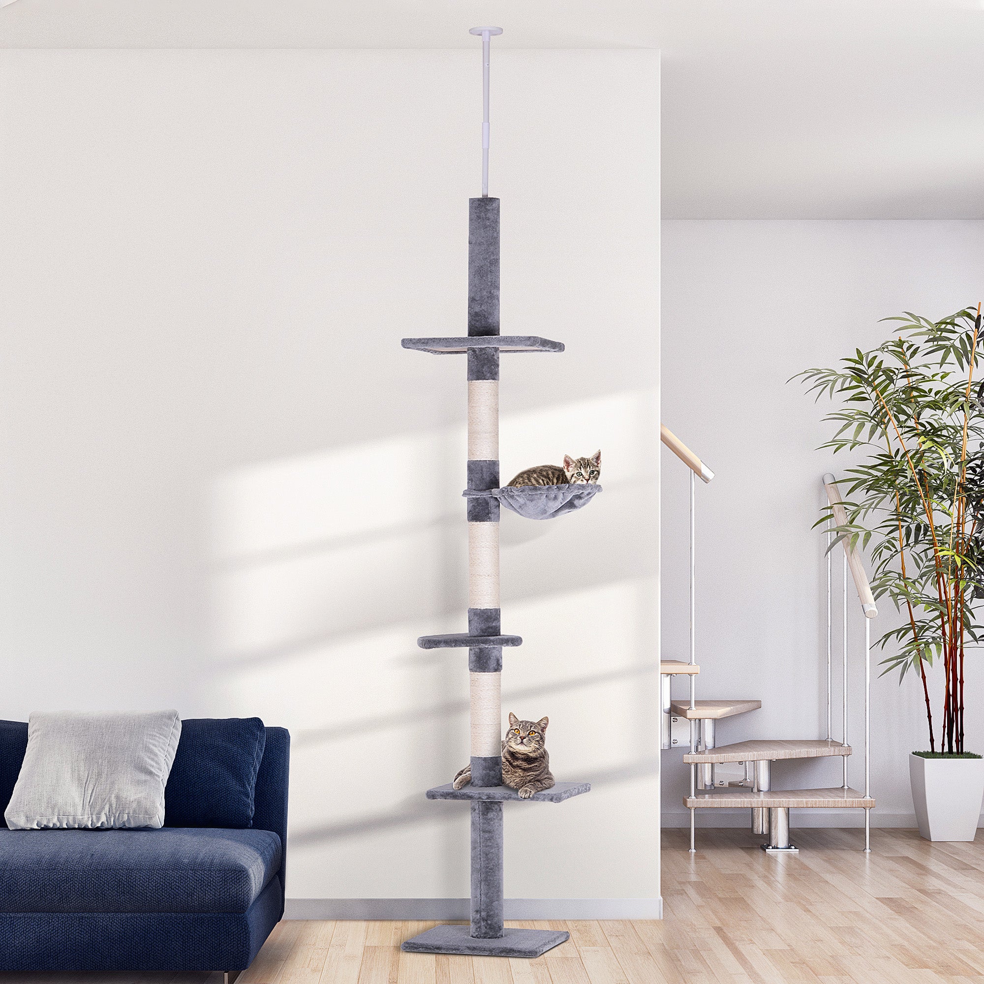 PawHut Floor to Ceiling Cat Tree for Indoor Cats 5-Tier Kitty Tower Climbing Activity Center Scratching Post Adjustable Height 230-260 cm Grey