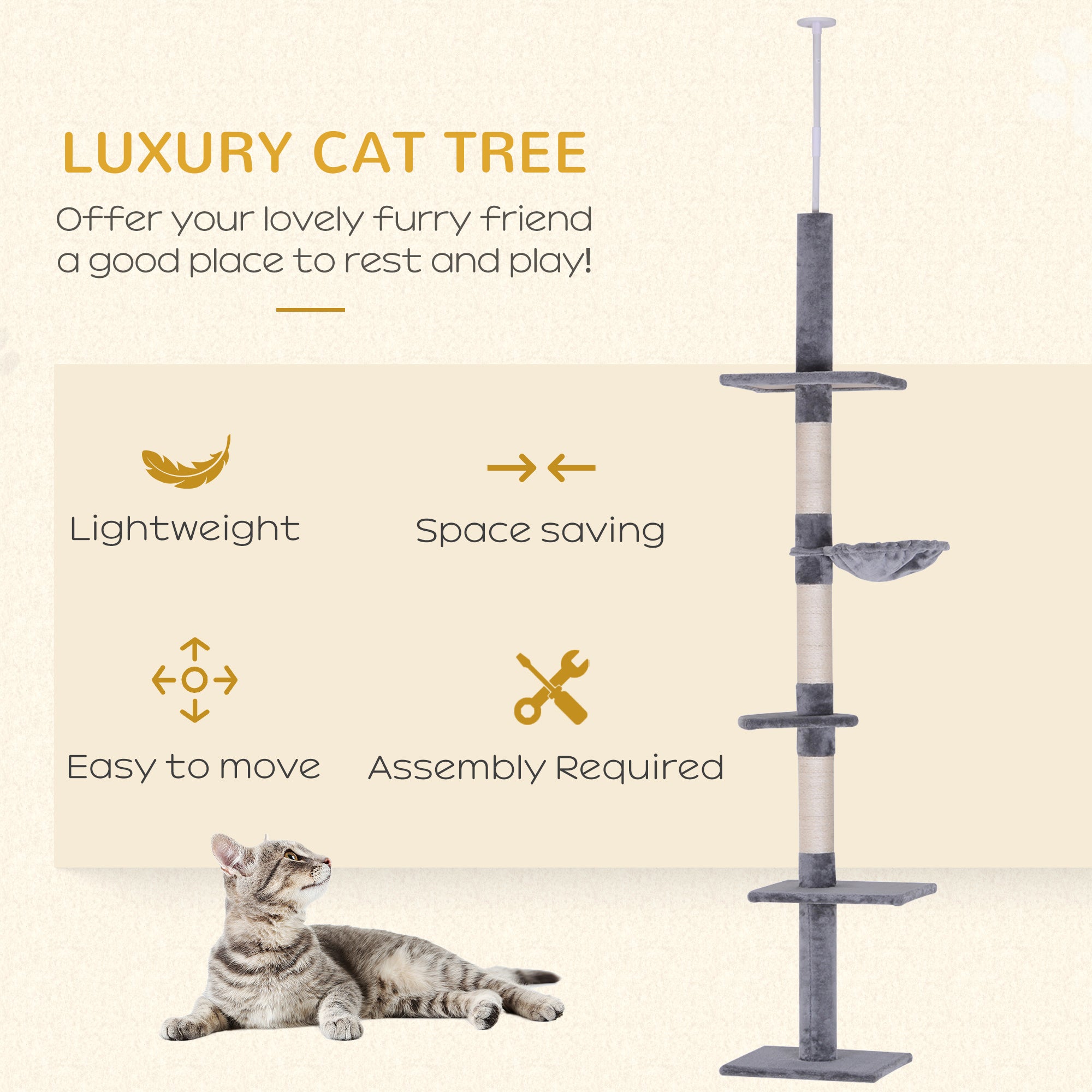 PawHut 8.5ft Cat Climbing Tree 5-Tier Kitty Activity Center Floor-to-Ceiling Cat Climber Toy with Scratching Post Play Rest Post Pet Furniture Grey