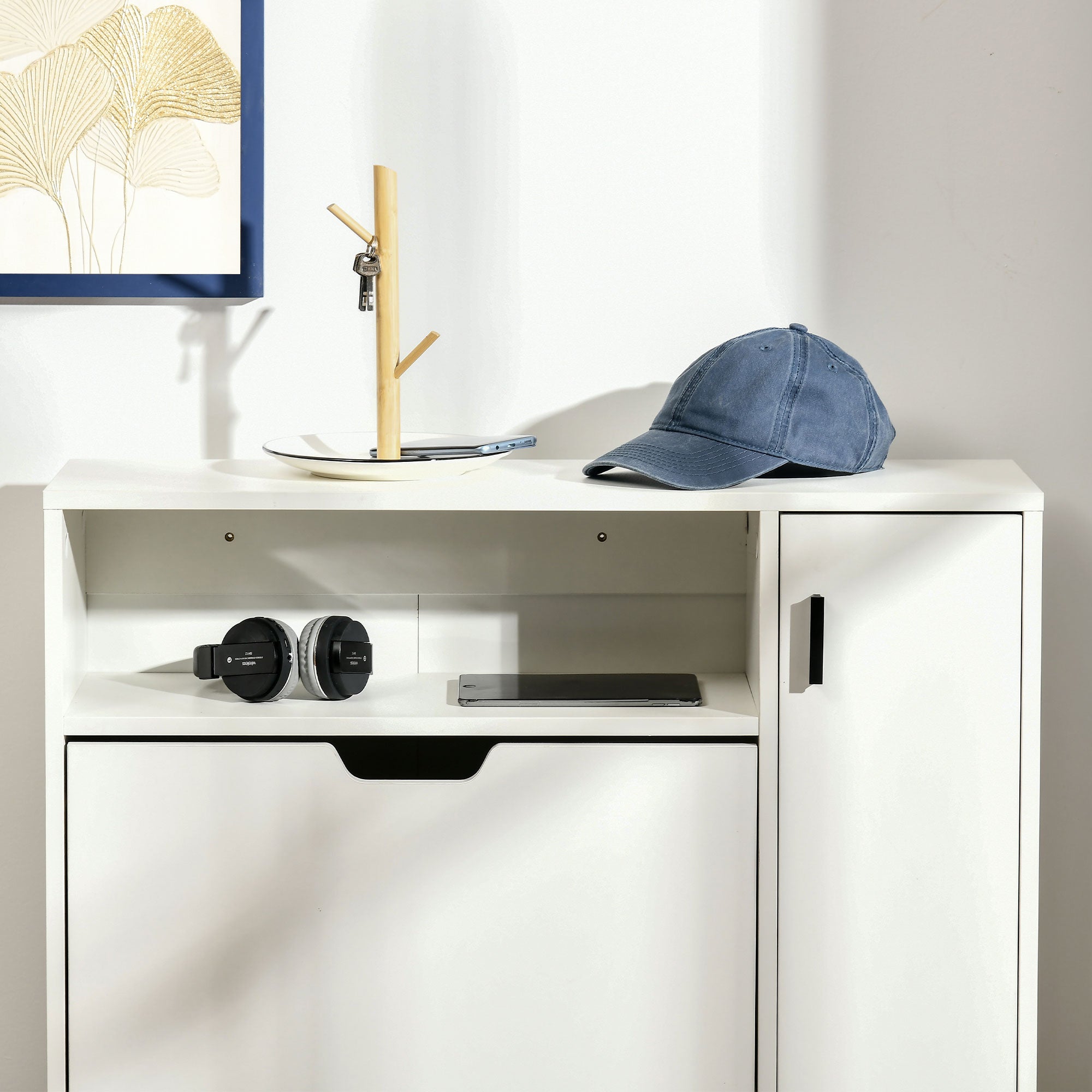 HOMCOM Modern Shoe Cabinet, 12 Pairs Shoe Storage Cabinet with 2 Flip Drawers, Open Shelf and Compartment for Umbrella, Hallway Entryway, White