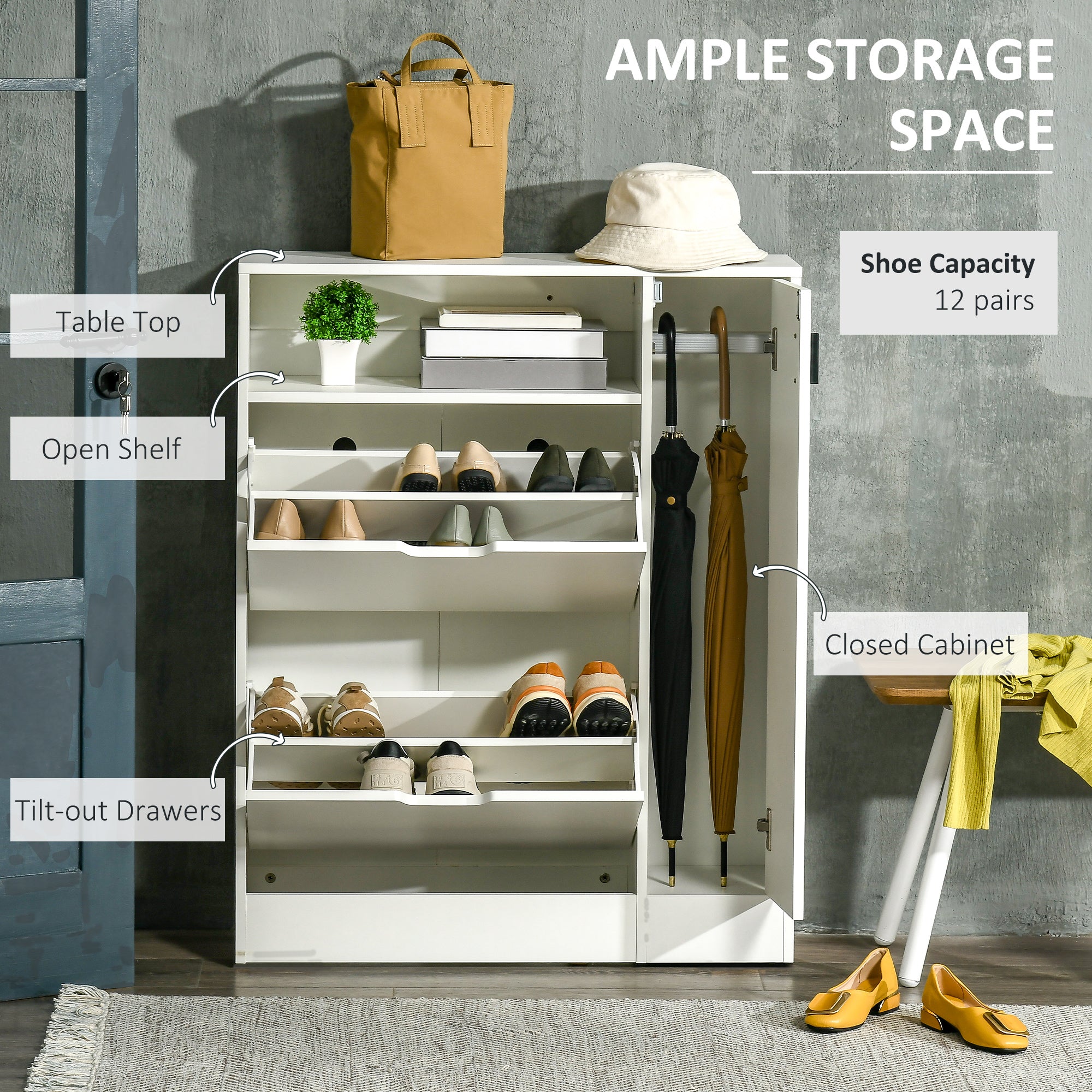 HOMCOM Modern Shoe Cabinet, 12 Pairs Shoe Storage Cabinet with 2 Flip Drawers, Open Shelf and Compartment for Umbrella, Hallway Entryway, White