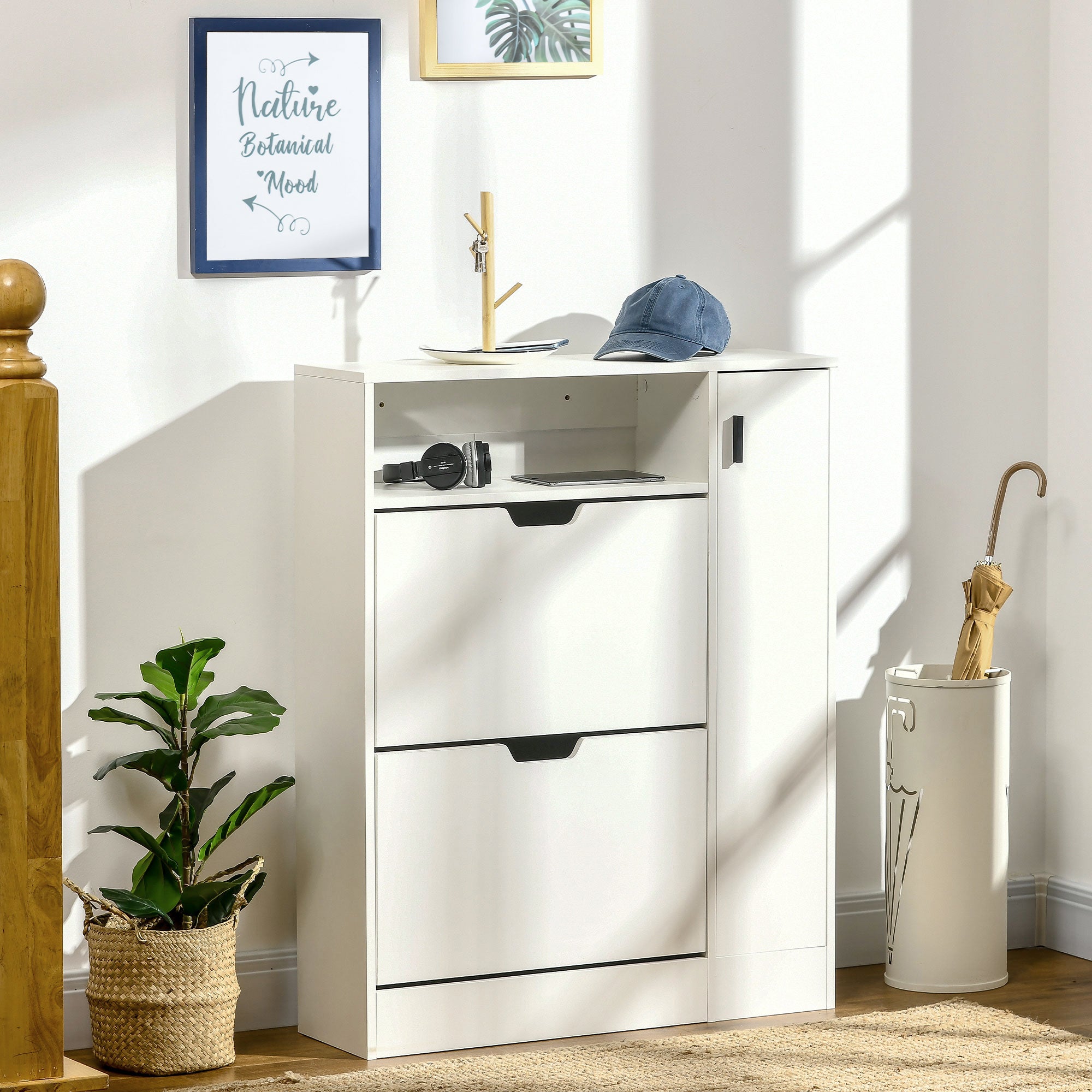 HOMCOM Modern Shoe Cabinet, 12 Pairs Shoe Storage Cabinet with 2 Flip Drawers, Open Shelf and Compartment for Umbrella, Hallway Entryway, White