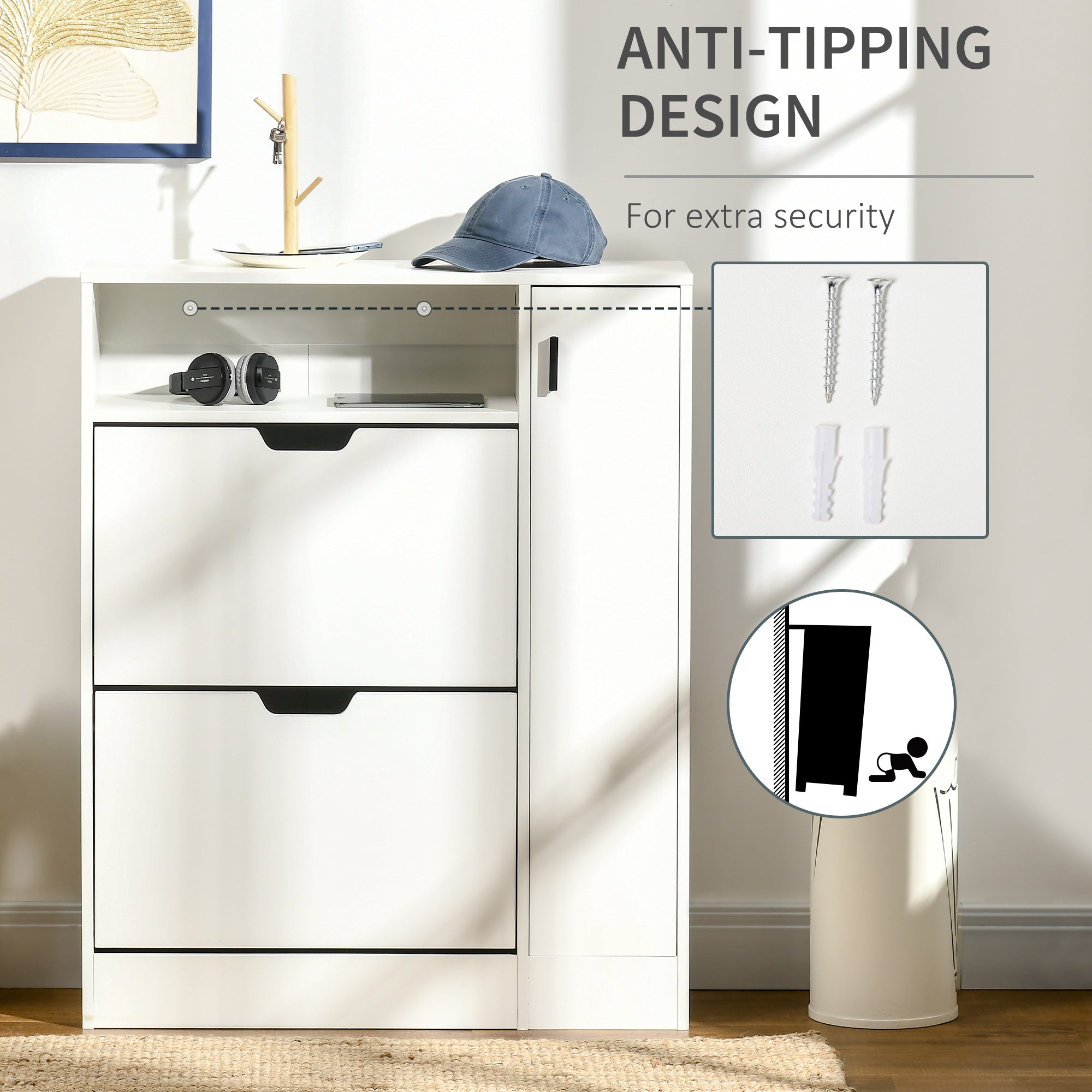 HOMCOM Modern Shoe Cabinet, 12 Pairs Shoe Storage Cabinet with 2 Flip Drawers, Open Shelf and Compartment for Umbrella, Hallway Entryway, White