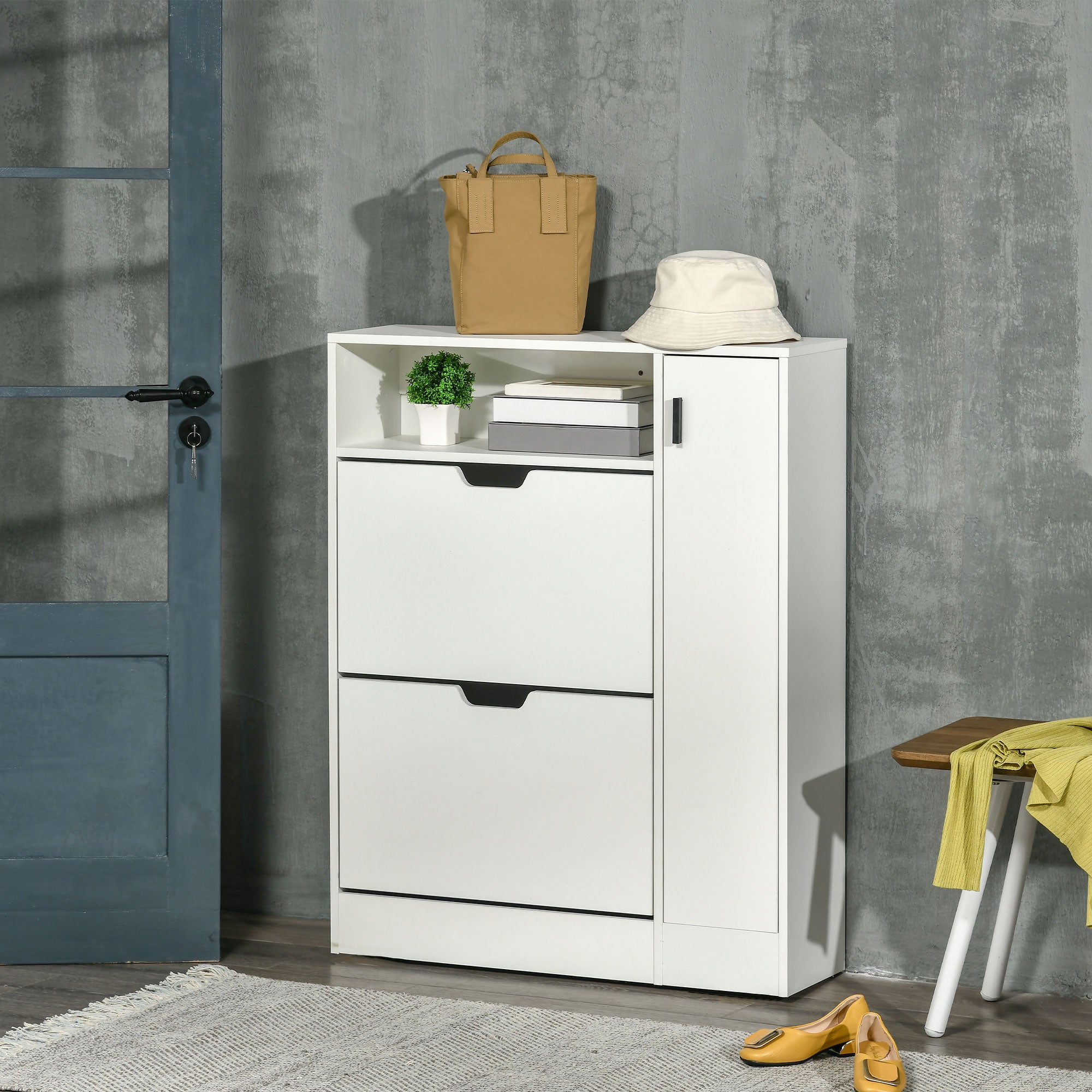 HOMCOM Modern Shoe Cabinet, 12 Pairs Shoe Storage Cabinet with 2 Flip Drawers, Open Shelf and Compartment for Umbrella, Hallway Entryway, White