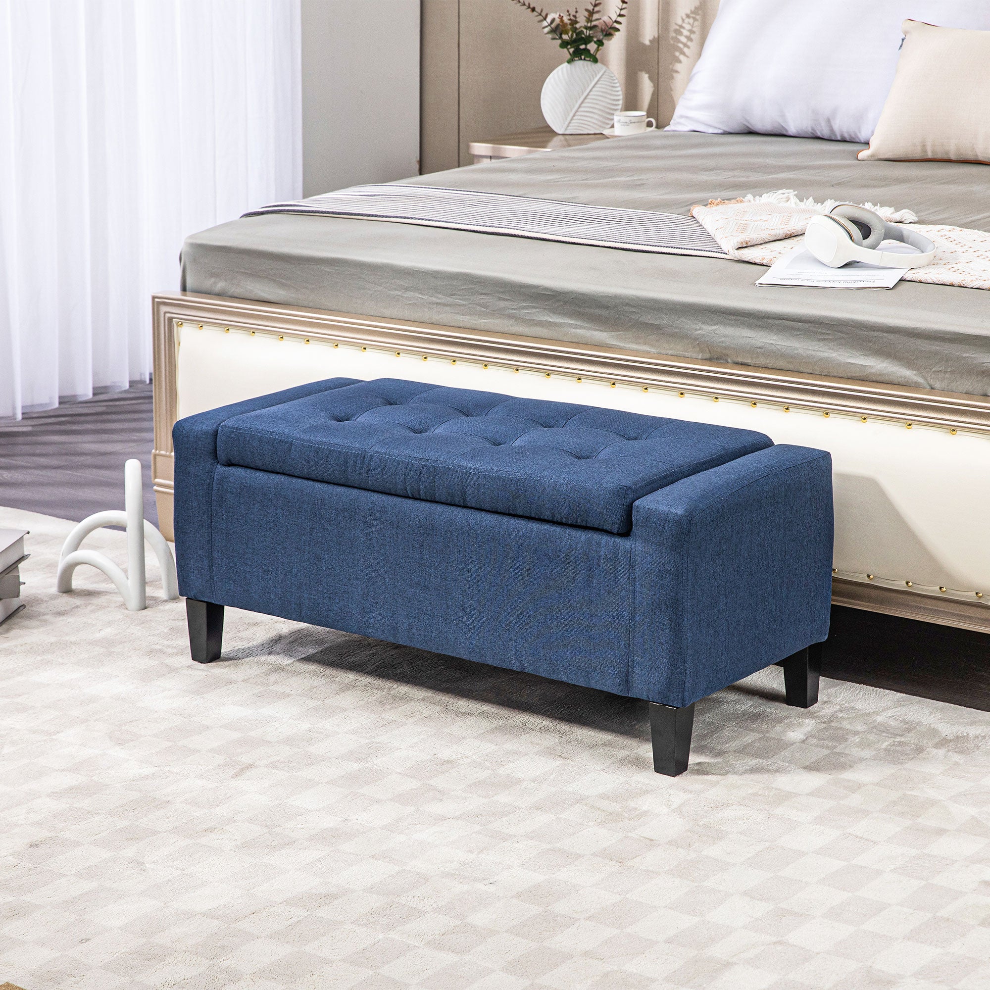 HOMCOM Storage Ottoman Bench Linen-Touch Fabric Tufted Chest Footstool with Flipping Top, Dark Blue