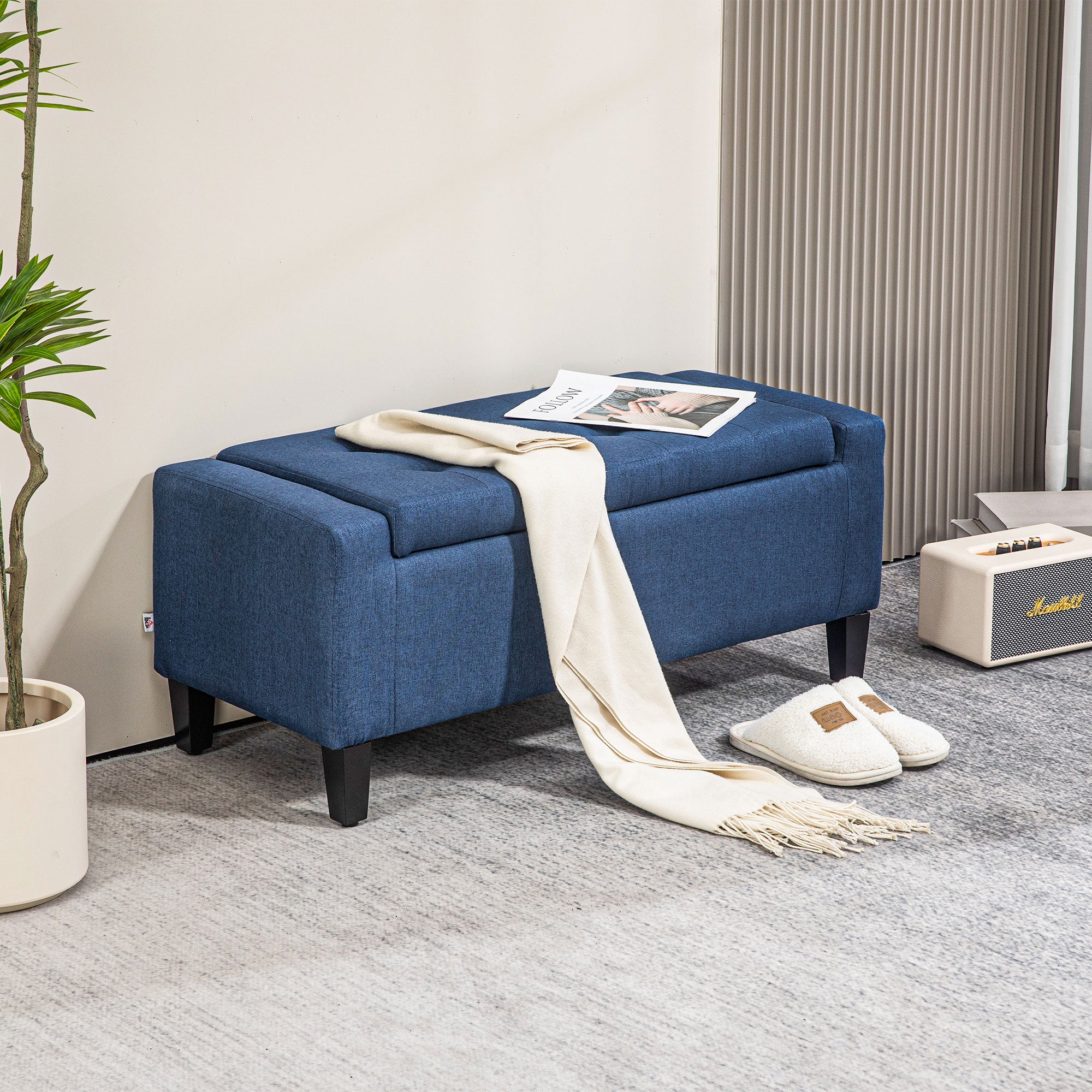 HOMCOM Storage Ottoman Bench Linen-Touch Fabric Tufted Chest Footstool with Flipping Top, Dark Blue