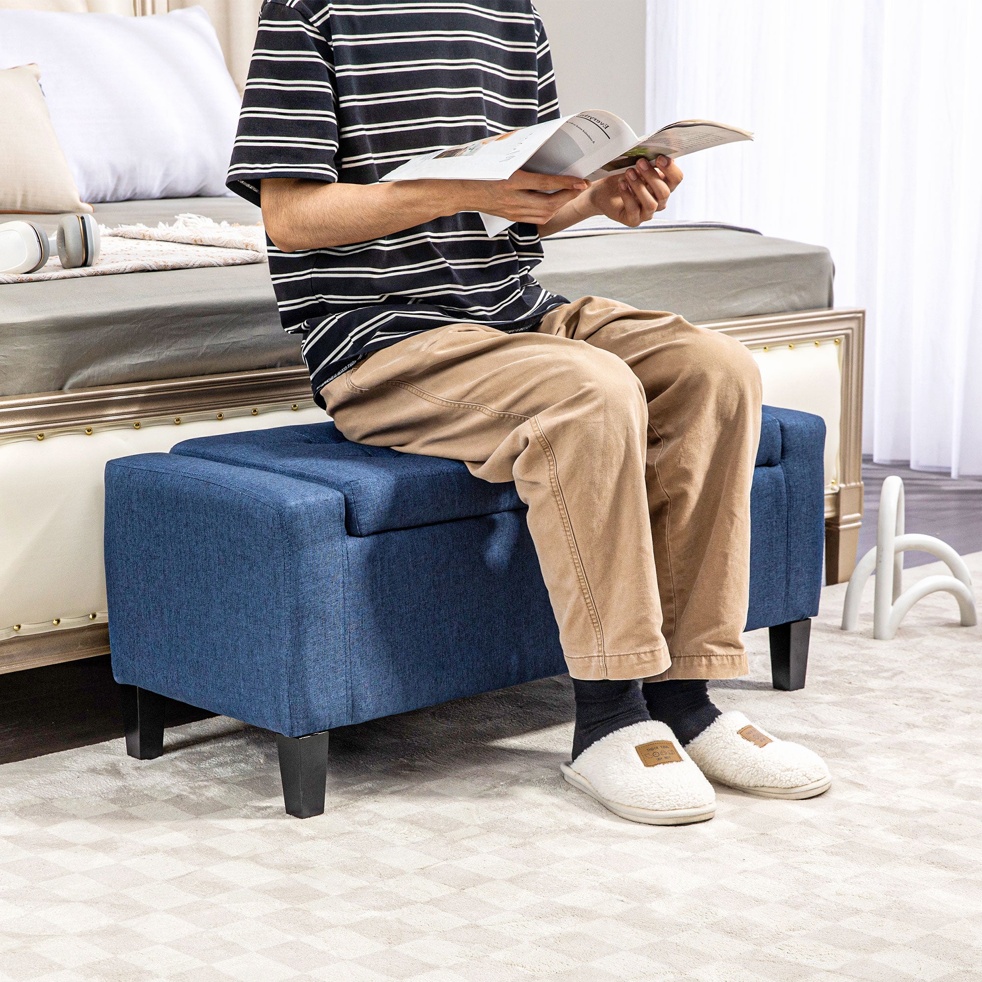 HOMCOM Storage Ottoman Bench Linen-Touch Fabric Tufted Chest Footstool with Flipping Top, Dark Blue
