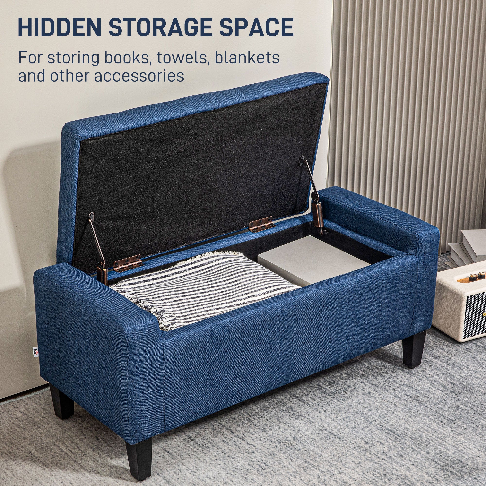 HOMCOM Storage Ottoman Bench Linen-Touch Fabric Tufted Chest Footstool with Flipping Top, Dark Blue