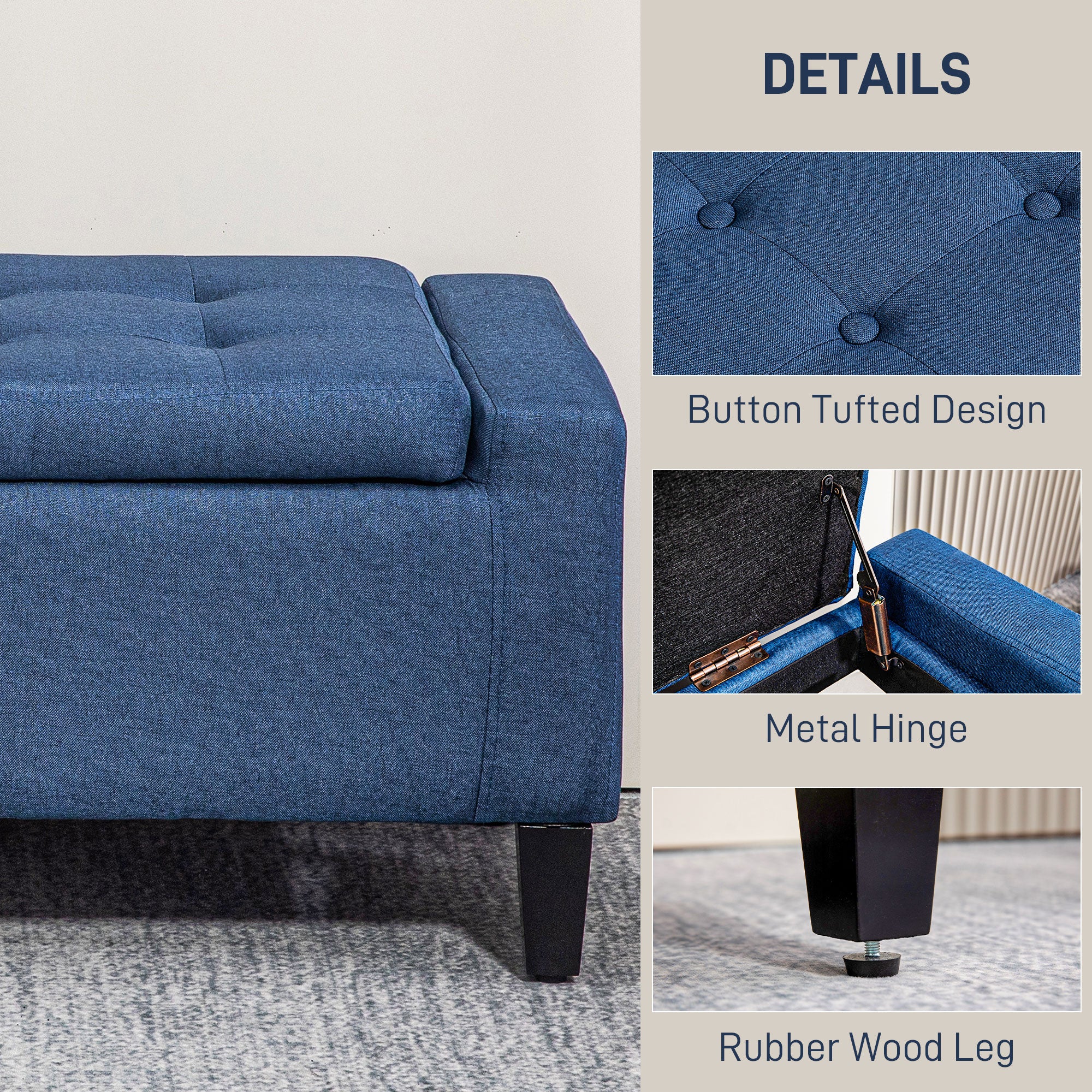 HOMCOM Storage Ottoman Bench Linen-Touch Fabric Tufted Chest Footstool with Flipping Top, Dark Blue