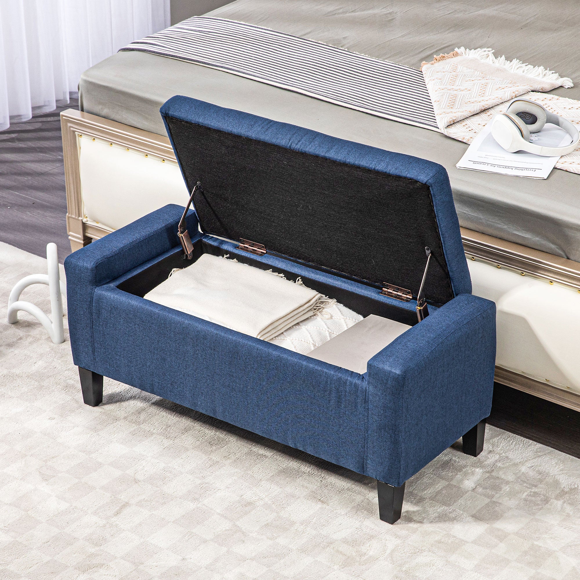 HOMCOM Storage Ottoman Bench Linen-Touch Fabric Tufted Chest Footstool with Flipping Top, Dark Blue