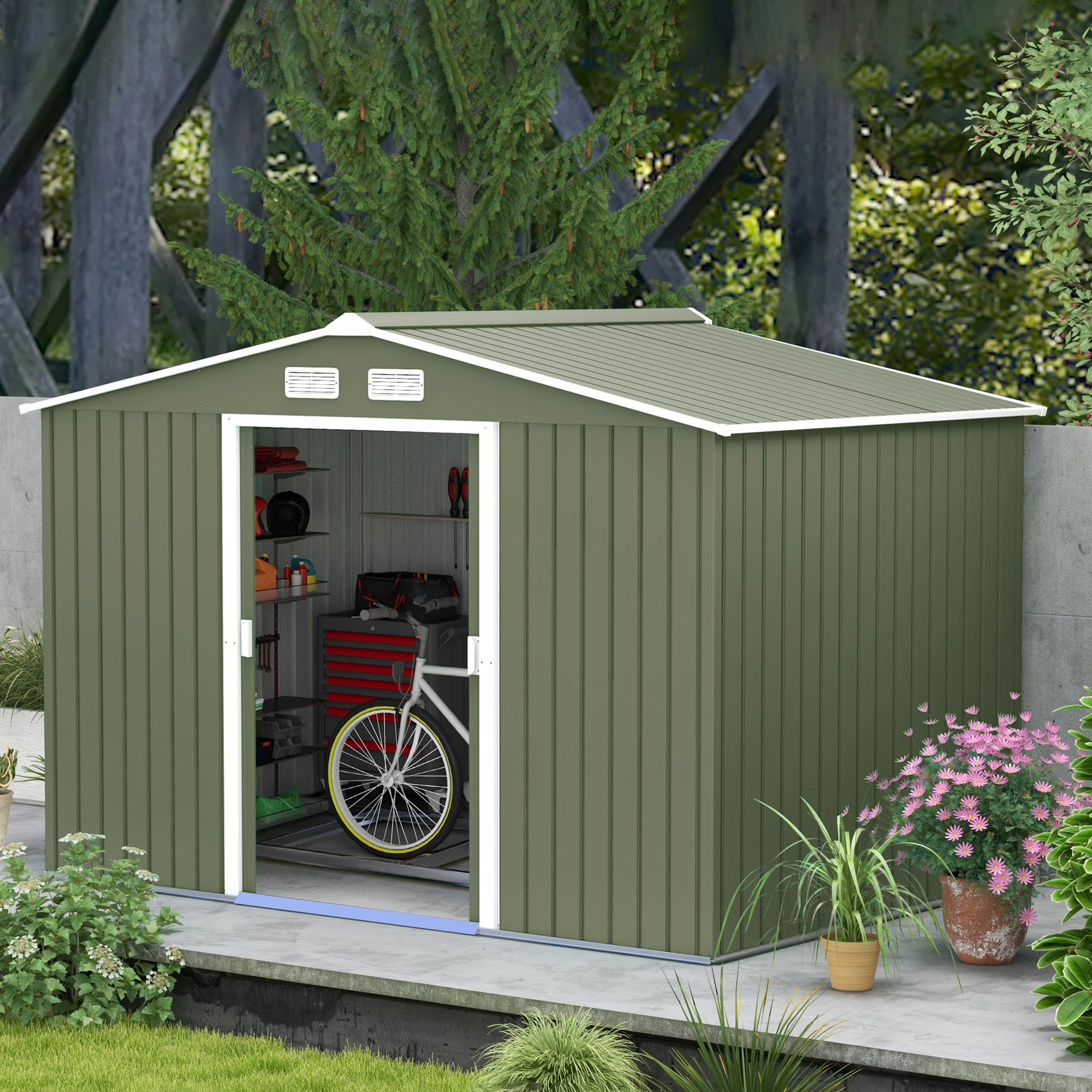 Outsunny 9' x 6' Garden Storage Shed with Foundation Kit, Metal Tool Storage House with Double Doors for Outdoor Patio Yard, Light Green