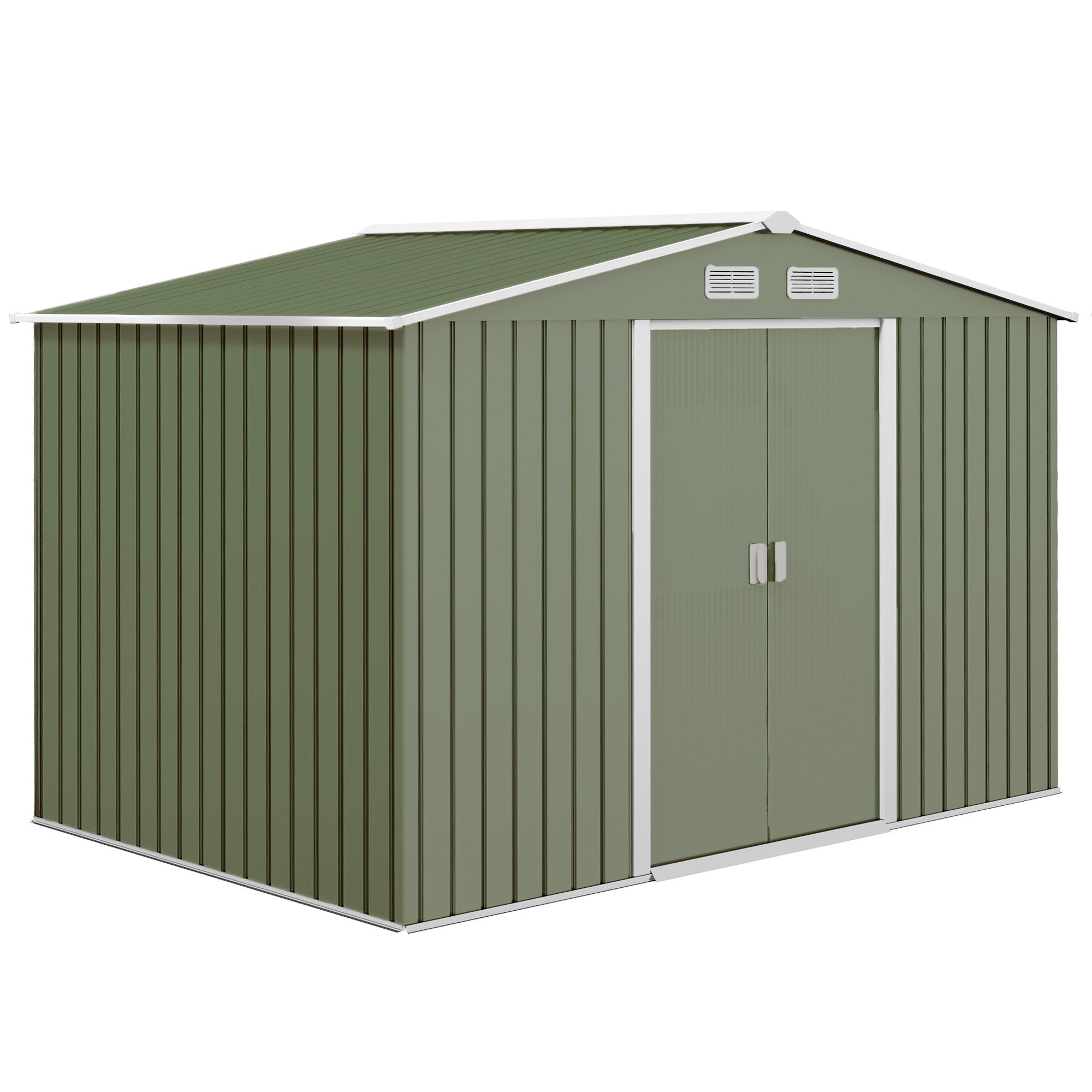 Outsunny 9' x 6' Garden Storage Shed with Foundation Kit, Metal Tool Storage House with Double Doors for Outdoor Patio Yard, Light Green