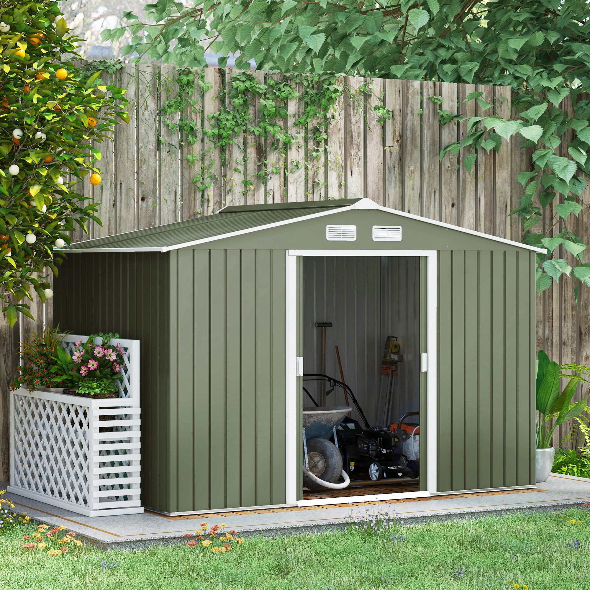 Outsunny 9' x 6' Garden Storage Shed with Foundation Kit, Metal Tool Storage House with Double Doors for Outdoor Patio Yard, Light Green