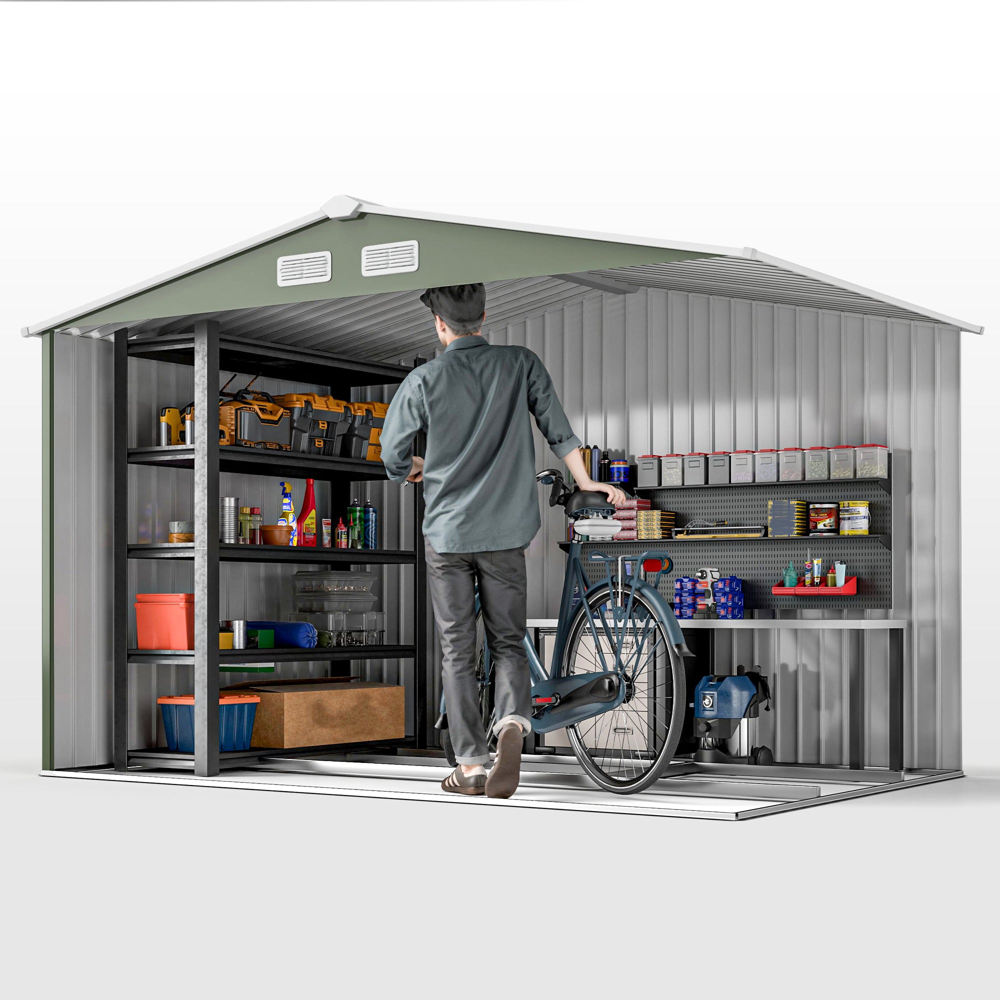 Outsunny 9' x 6' Garden Storage Shed with Foundation Kit, Metal Tool Storage House with Double Doors for Outdoor Patio Yard, Light Green