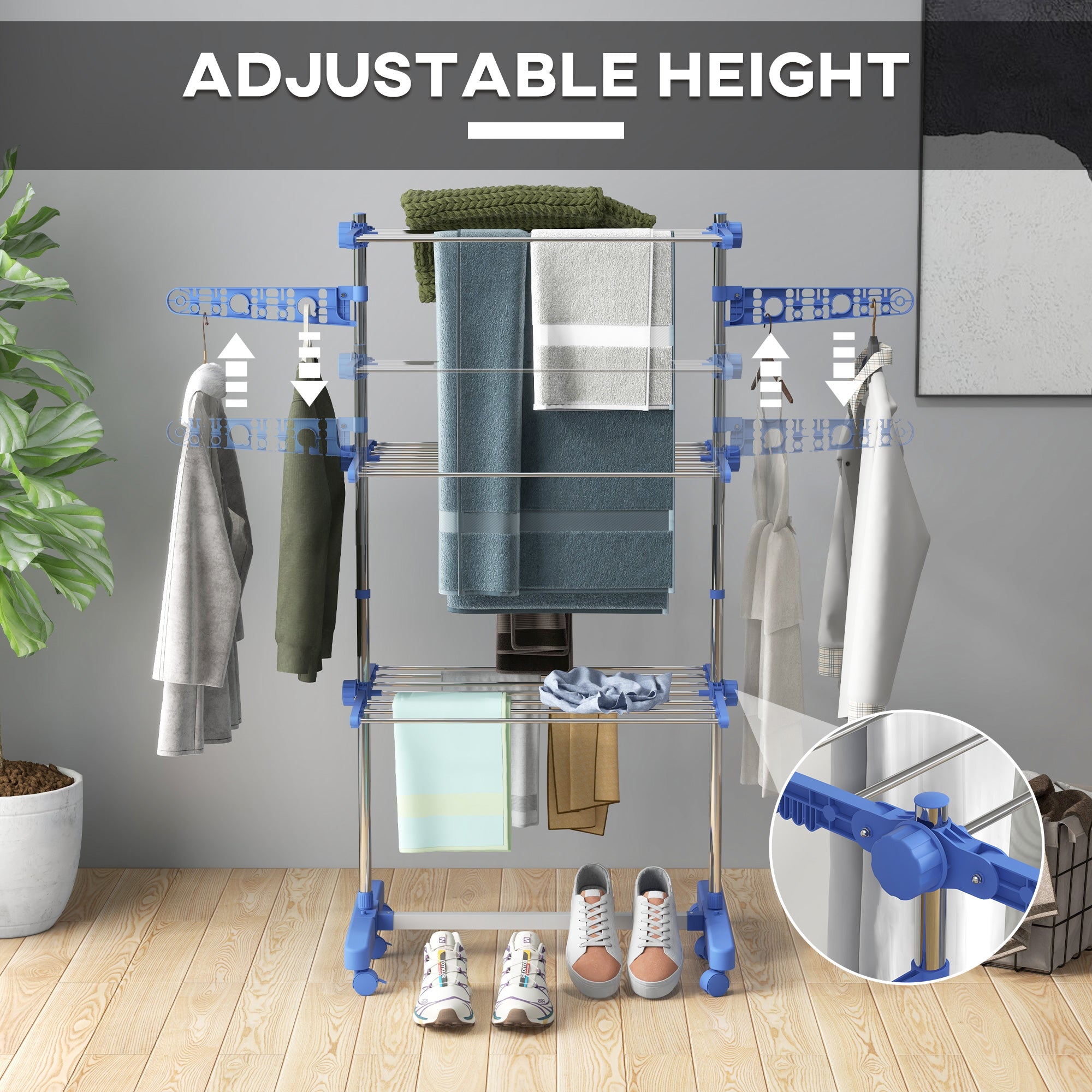 HOMCOM 3-Tier Clothes Airer, Stainless Steel Foldable Clothes Drying Rack with Wheels and Wings, Indoor and Outdoor, Easy Assembly, 142 x 55 x 152cm, Blue