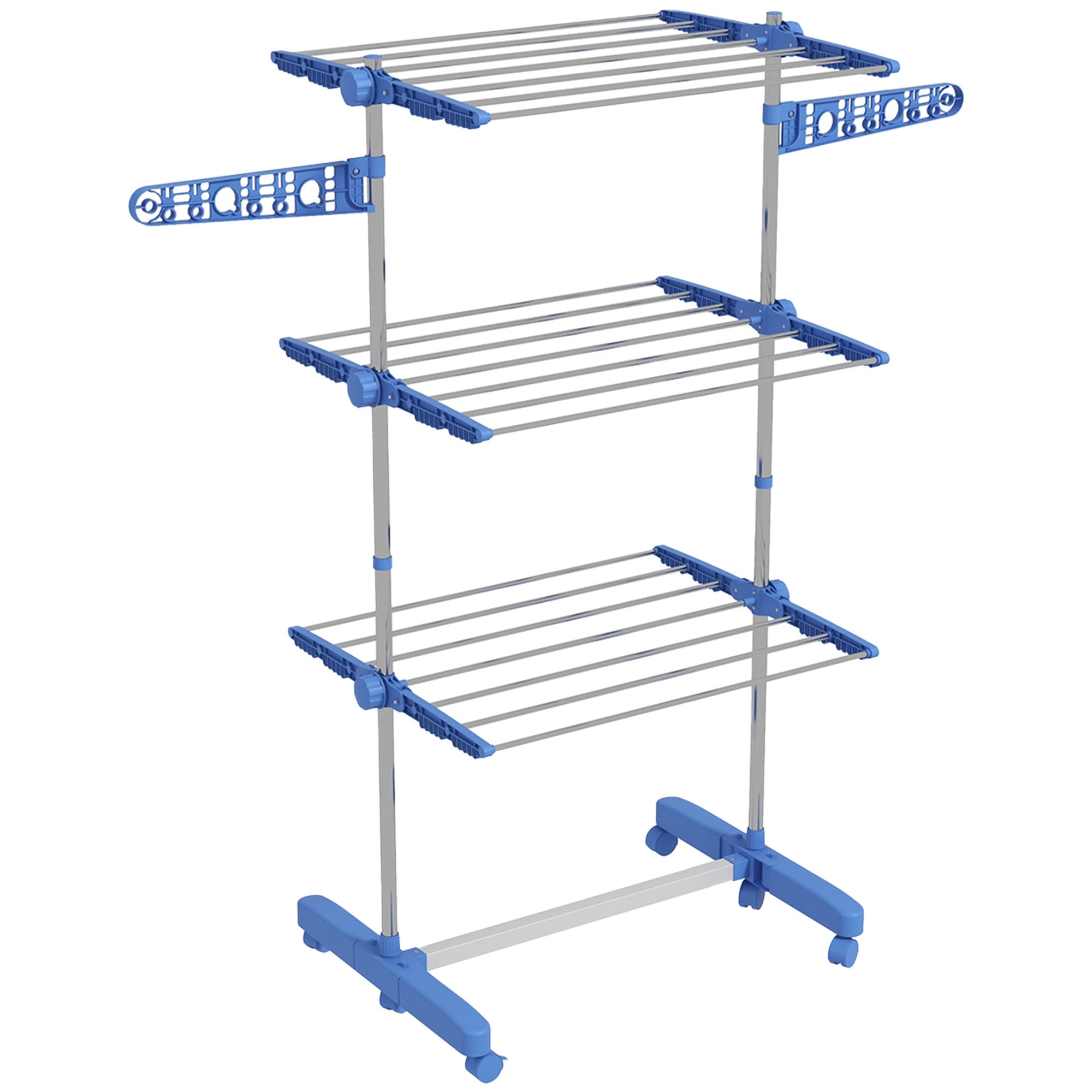 HOMCOM 3-Tier Clothes Drying Rack, Stainless Steel Laundry Rack with 2 Side Wings and 6 Castors, Collapsible Adjustable Clothes Airer for Indoor Outdoor, Blue