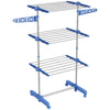 HOMCOM 3-Tier Clothes Drying Rack, Stainless Steel Laundry Rack with 2 Side Wings and 6 Castors, Collapsible Adjustable Clothes Airer for Indoor Outdoor, Blue