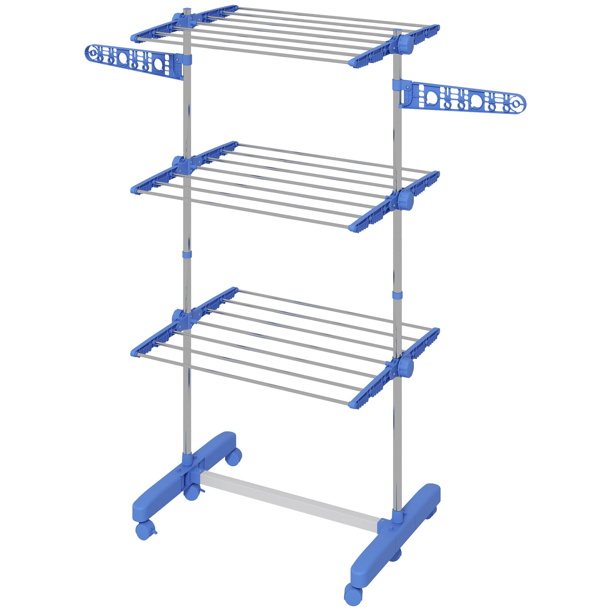 HOMCOM 3-Tier Clothes Airer, Stainless Steel Foldable Clothes Drying Rack with Wheels and Wings, Indoor and Outdoor, Easy Assembly, 142 x 55 x 152cm, Blue