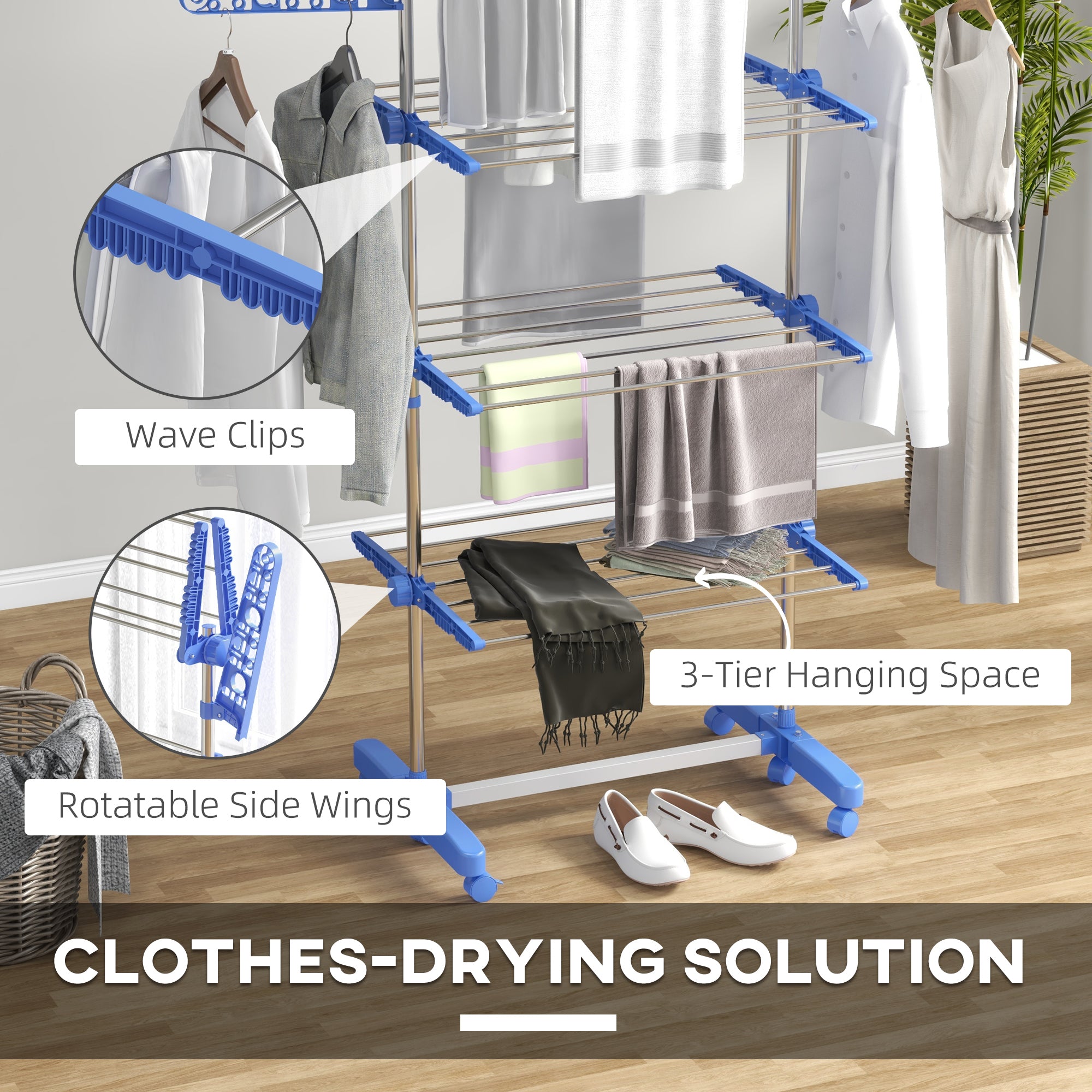 HOMCOM 3-Tier Clothes Airer, Stainless Steel Foldable Clothes Drying Rack with Wheels and Wings, Indoor and Outdoor, Easy Assembly, 142 x 55 x 152cm, Blue