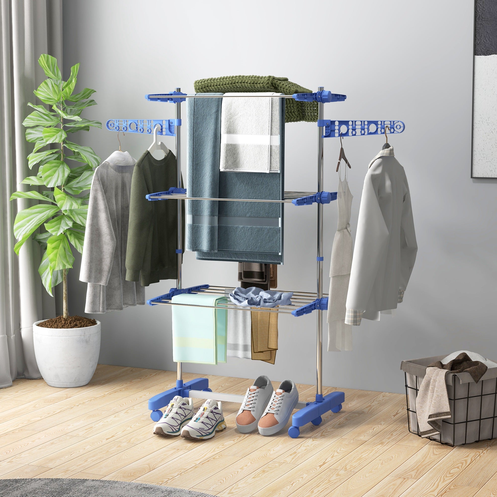 HOMCOM 3-Tier Clothes Airer, Stainless Steel Foldable Clothes Drying Rack with Wheels and Wings, Indoor and Outdoor, Easy Assembly, 142 x 55 x 152cm, Blue
