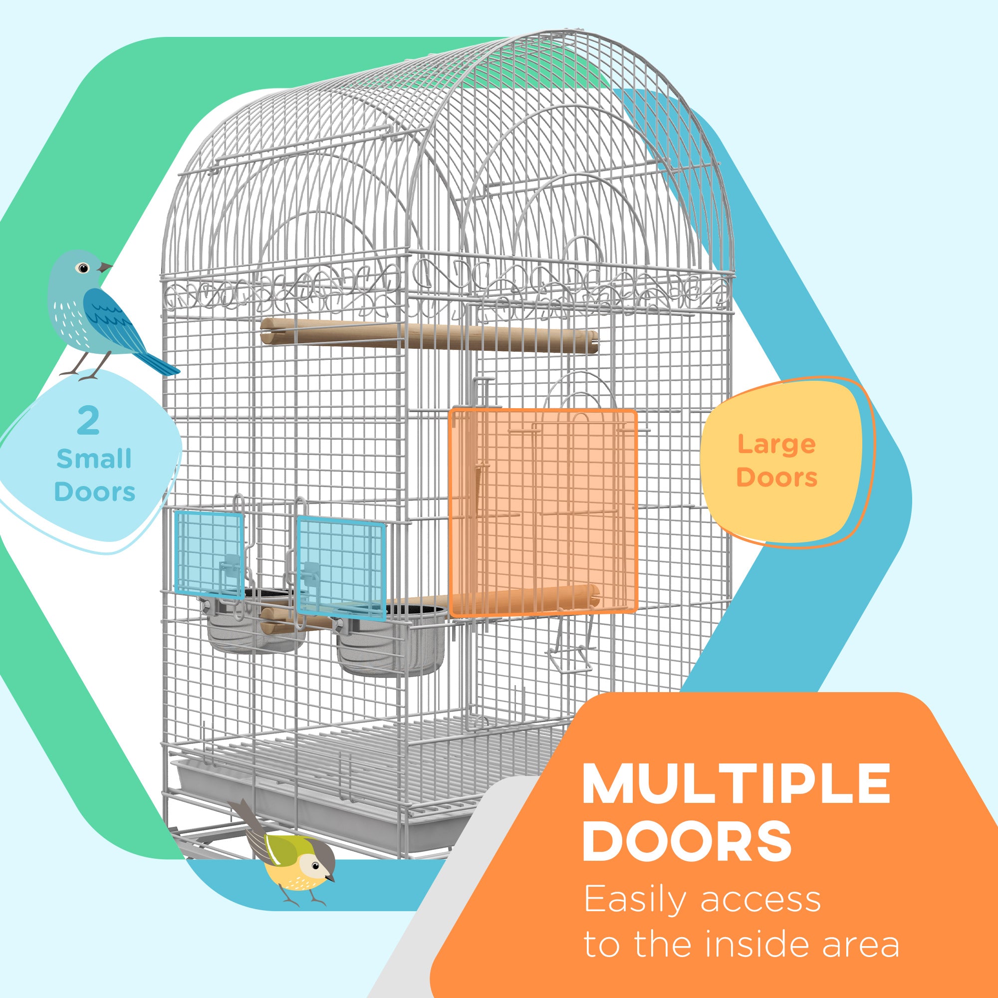 PawHut Play Open Top Bird Cage 60" Budgie Cage for Finches, Canaries with Rolling Stand, Removable Tray, Perches, Storage Shelf White, 21.3" x 21.3"