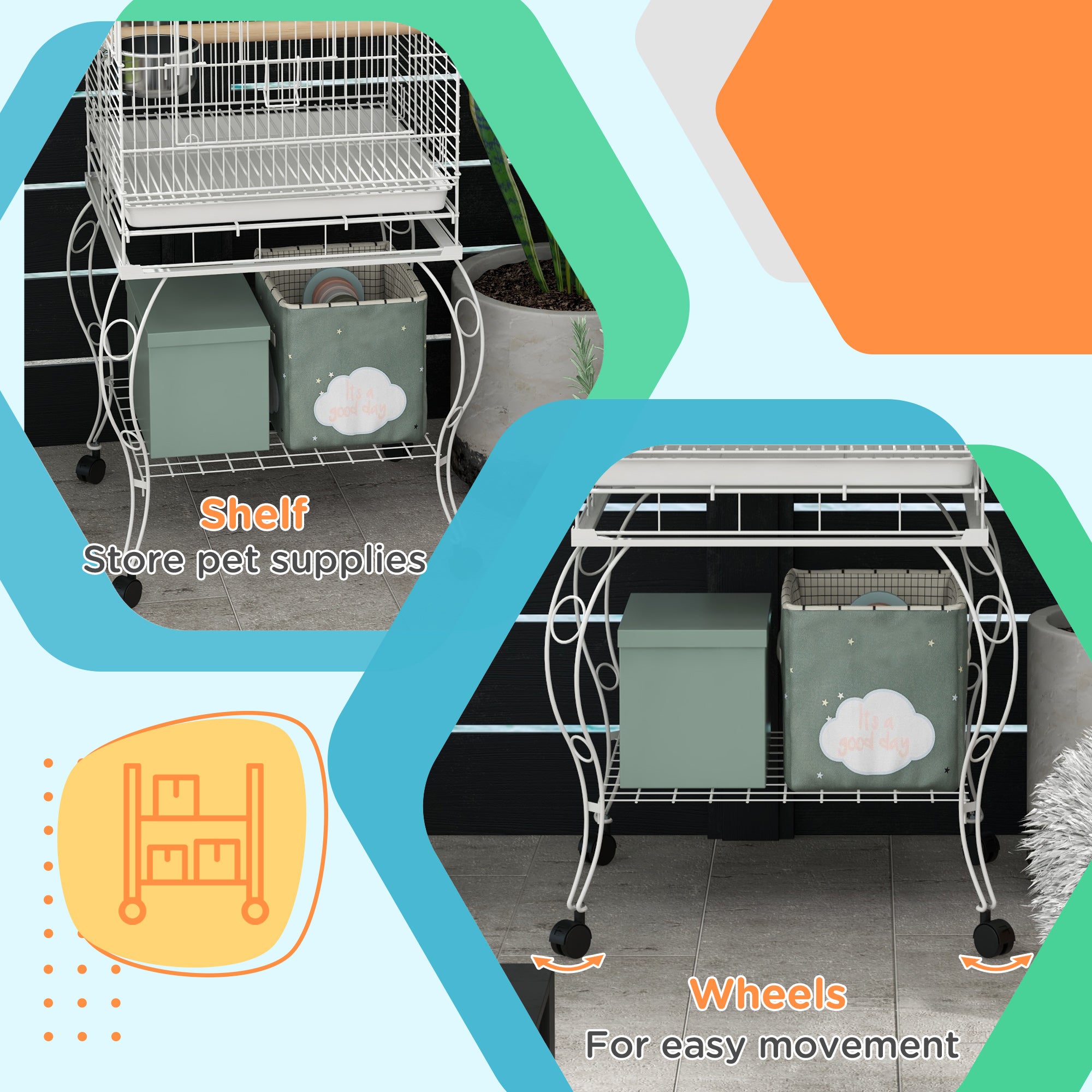 PawHut Play Open Top Bird Cage 60" Budgie Cage for Finches, Canaries with Rolling Stand, Removable Tray, Perches, Storage Shelf White, 21.3" x 21.3"