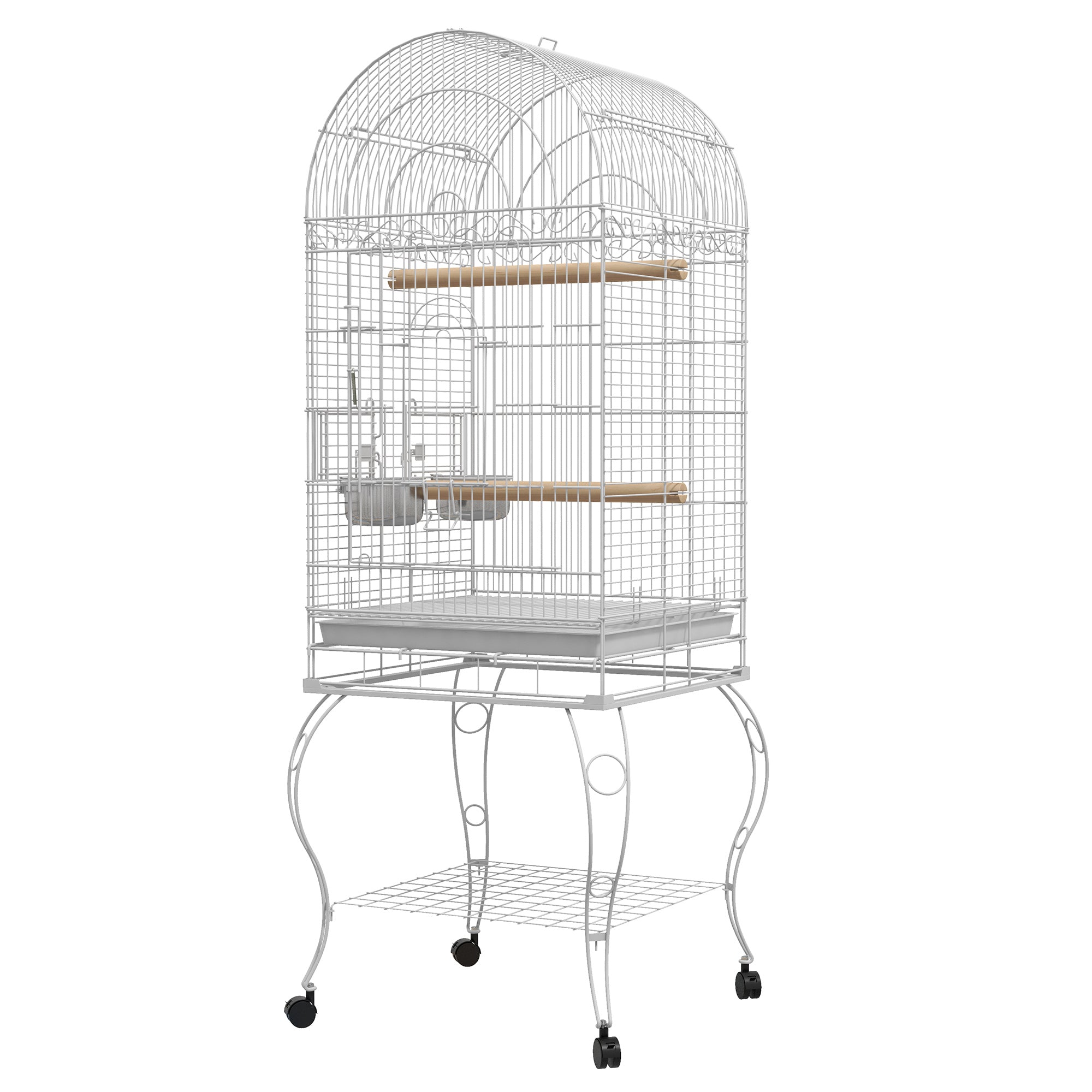 PawHut Play Open Top Bird Cage 60" Budgie Cage for Finches, Canaries with Rolling Stand, Removable Tray, Perches, Storage Shelf White, 21.3" x 21.3"