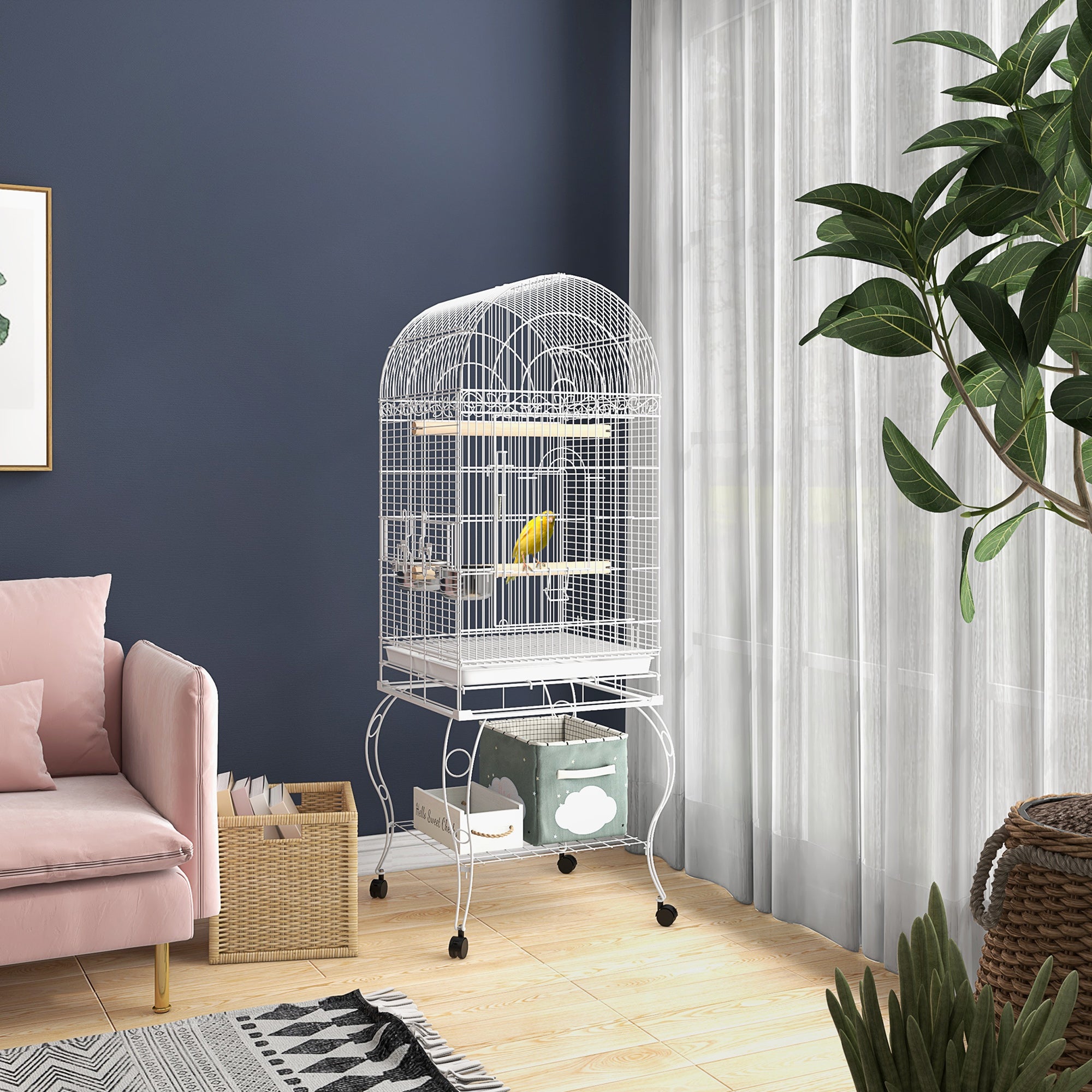 PawHut Play Open Top Bird Cage 60" Budgie Cage for Finches, Canaries with Rolling Stand, Removable Tray, Perches, Storage Shelf White, 21.3" x 21.3"