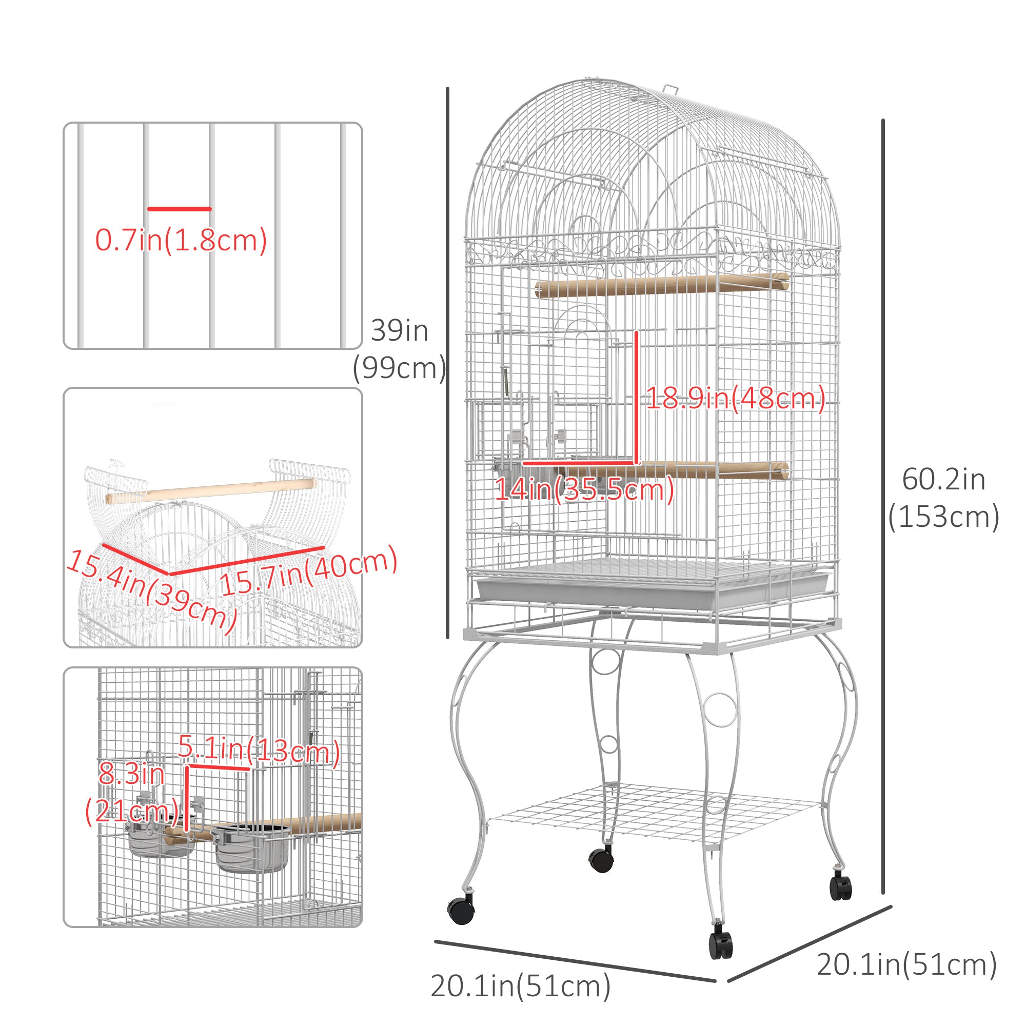 PawHut Play Open Top Bird Cage 60" Budgie Cage for Finches, Canaries with Rolling Stand, Removable Tray, Perches, Storage Shelf White, 21.3" x 21.3"