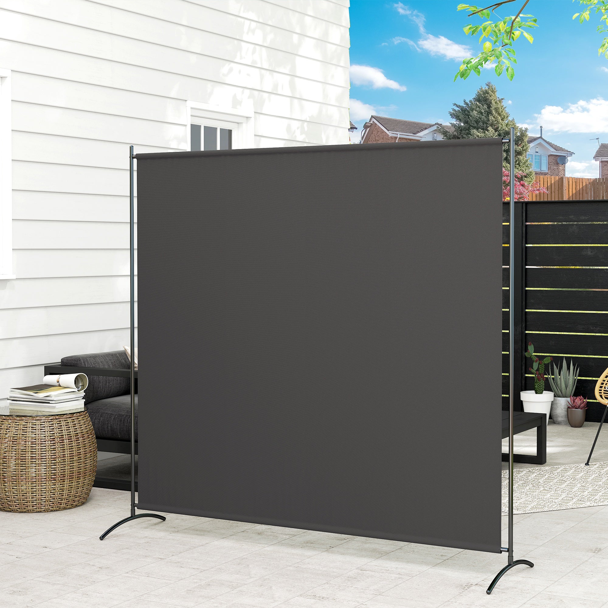 Outsunny Single Outdoor Privacy Screen, 5.9FT Tall Room Divider with UV30+ Protection, Freestanding Privacy Panel Partition with Stable Base for Indoor Outdoor Use, Dark Grey