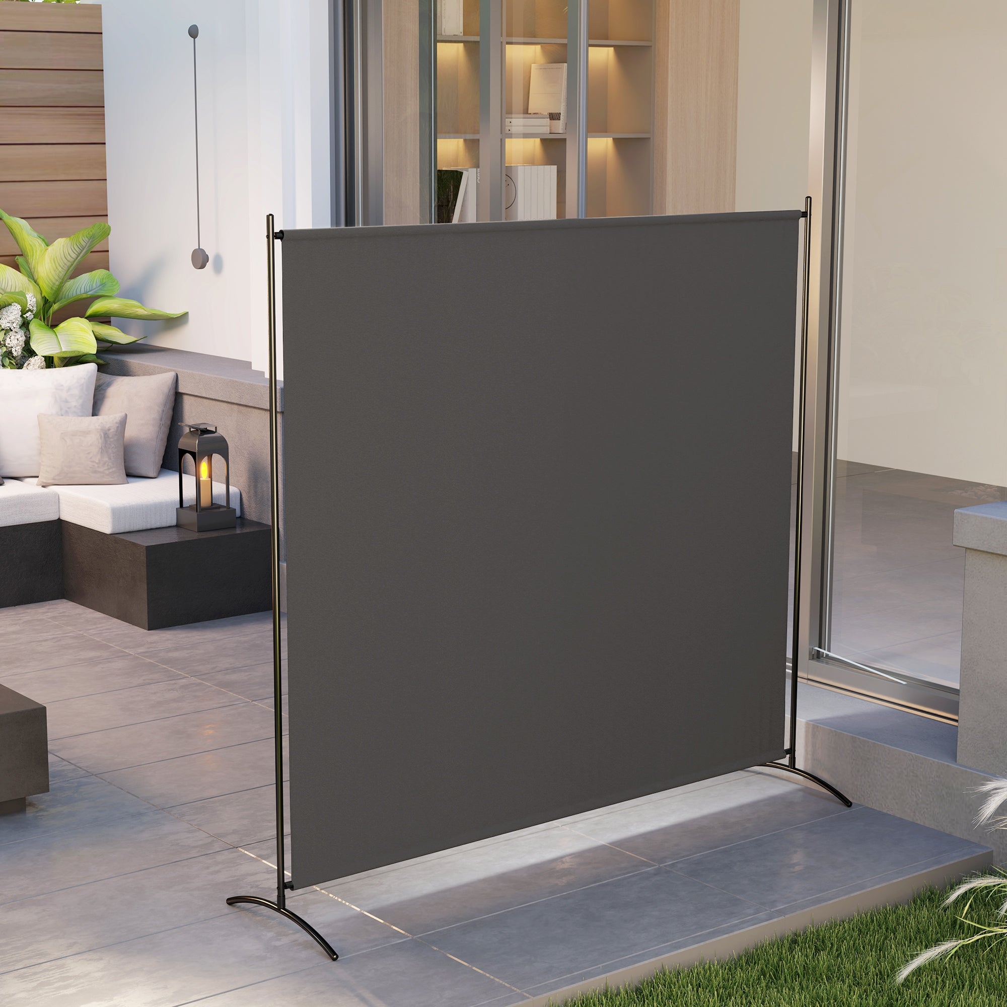 Outsunny Single Outdoor Privacy Screen, 5.9FT Tall Room Divider with UV30+ Protection, Freestanding Privacy Panel Partition with Stable Base for Indoor Outdoor Use, Dark Grey