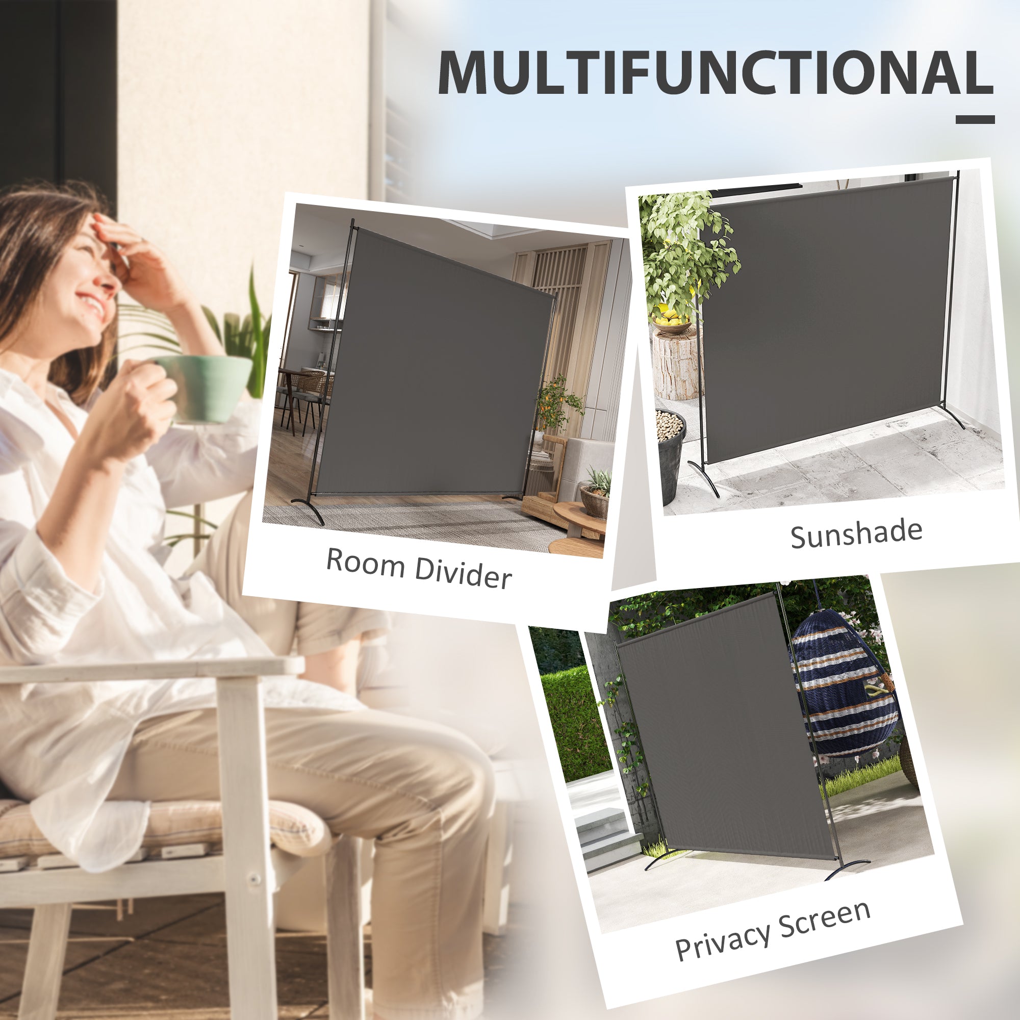 Outsunny Single Outdoor Privacy Screen, 5.9FT Tall Room Divider with UV30+ Protection, Freestanding Privacy Panel Partition with Stable Base for Indoor Outdoor Use, Dark Grey
