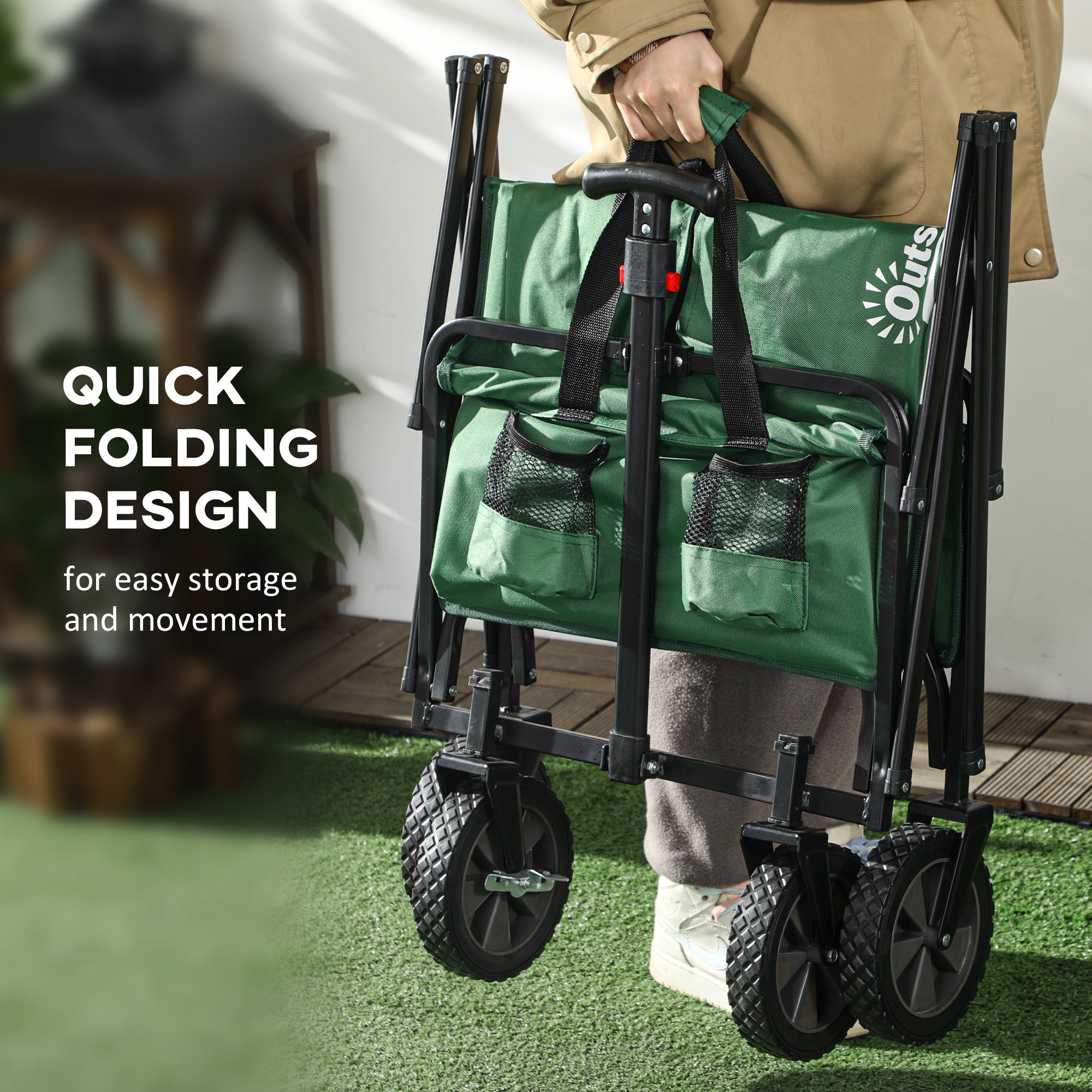 Outsunny Folding Wagon Cart, Outdoor Utility Wagon Heavy Duty Garden Shopping Cart Collapsible Camping Trolley with Steel Frame, Oxford Fabric