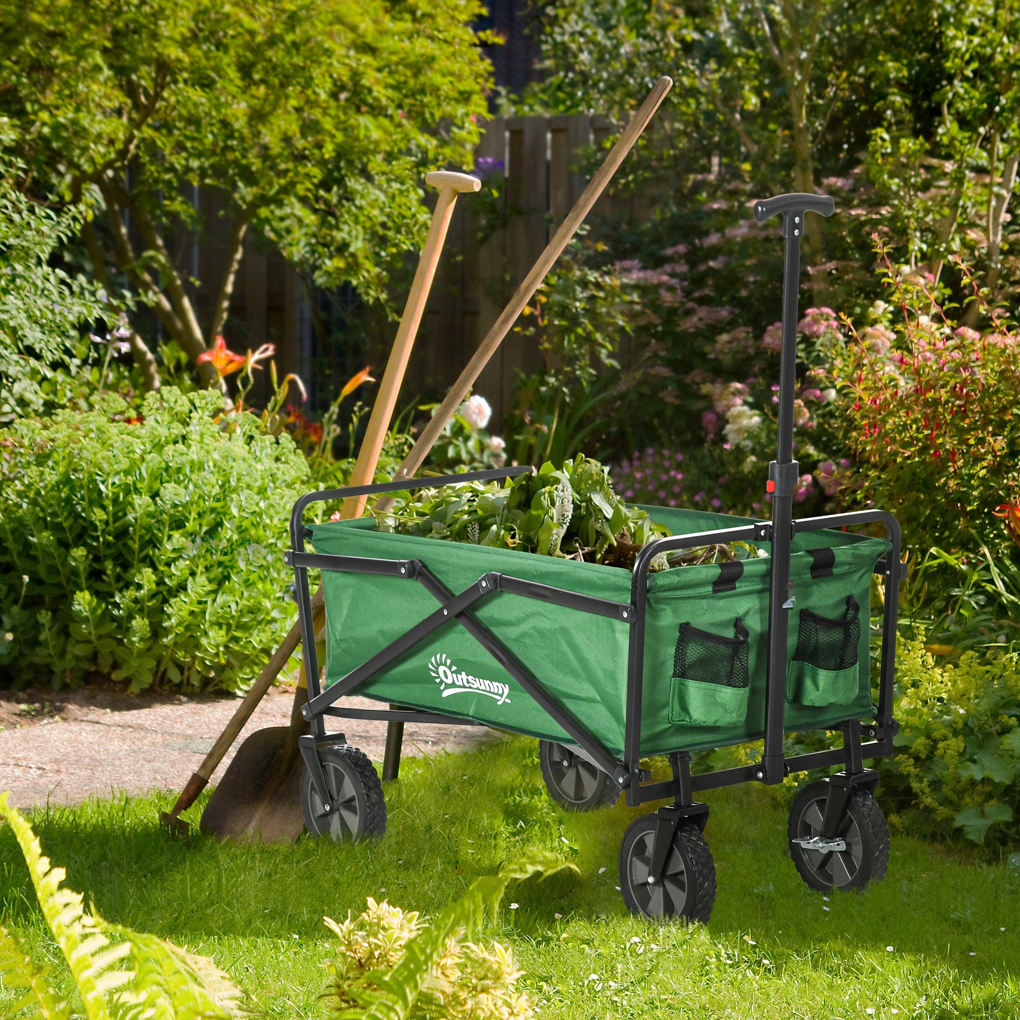 Outsunny Folding Wagon Cart, Outdoor Utility Wagon Heavy Duty Garden Shopping Cart Collapsible Camping Trolley with Steel Frame, Oxford Fabric