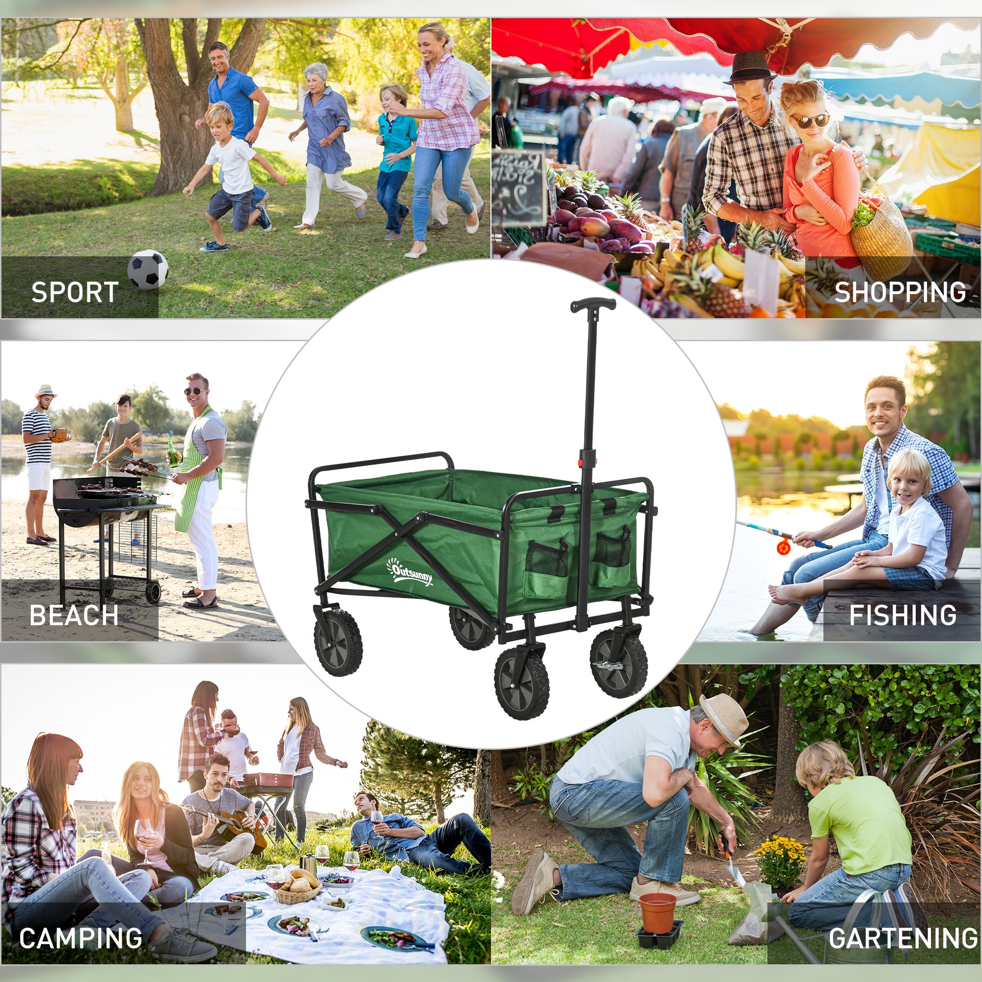 Outsunny Folding Wagon Cart, Outdoor Utility Wagon Heavy Duty Garden Shopping Cart Collapsible Camping Trolley with Steel Frame, Oxford Fabric