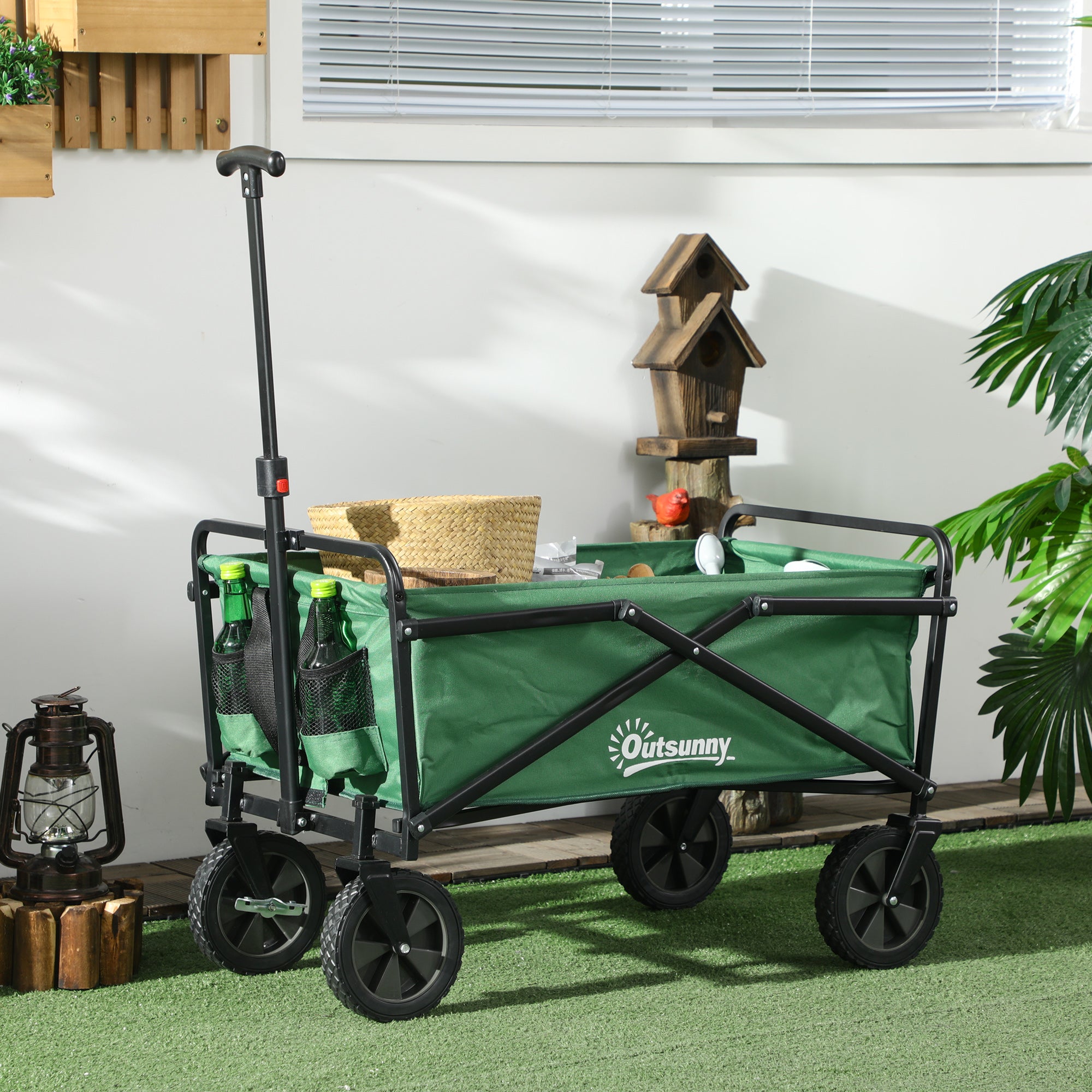 Outsunny Folding Wagon Cart, Outdoor Utility Wagon Heavy Duty Garden Shopping Cart Collapsible Camping Trolley with Steel Frame, Oxford Fabric