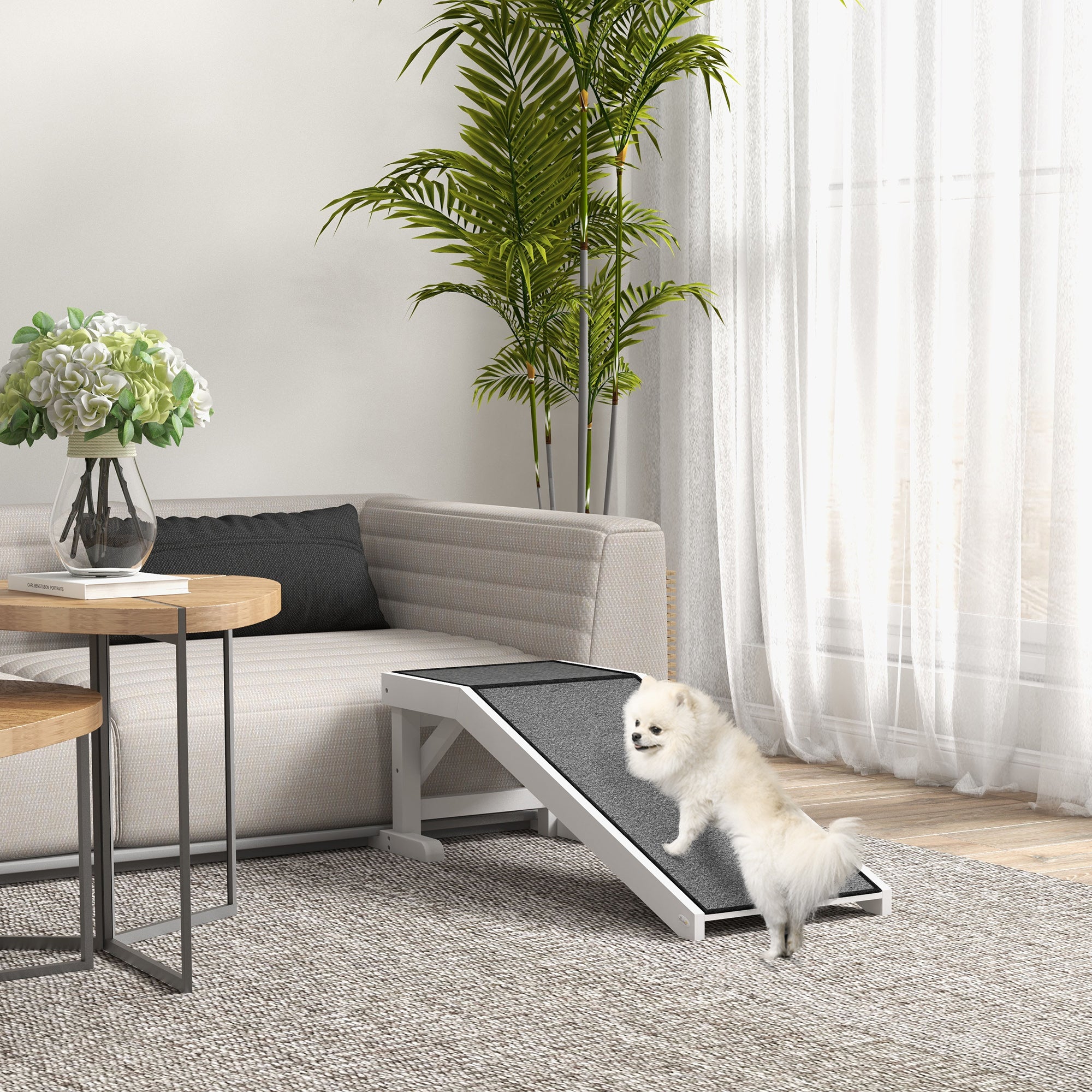 PawHut Pet Ramp Bed Steps for Dogs Cats Non-slip Carpet Top Platform Pine Wood 49"L x 16"W x 14"H White