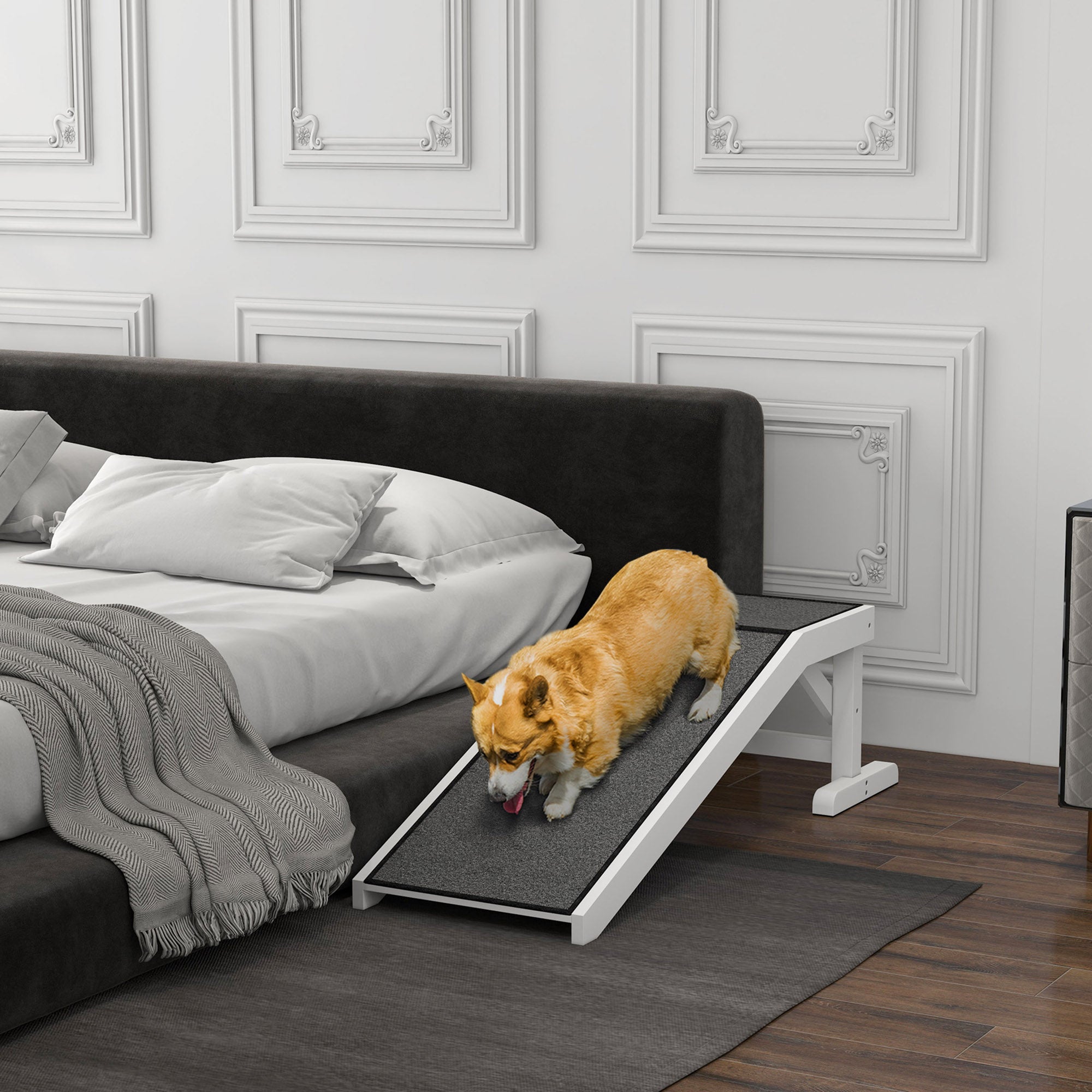 PawHut Pet Ramp Bed Steps for Dogs Cats Non-slip Carpet Top Platform Pine Wood 49"L x 16"W x 14"H White