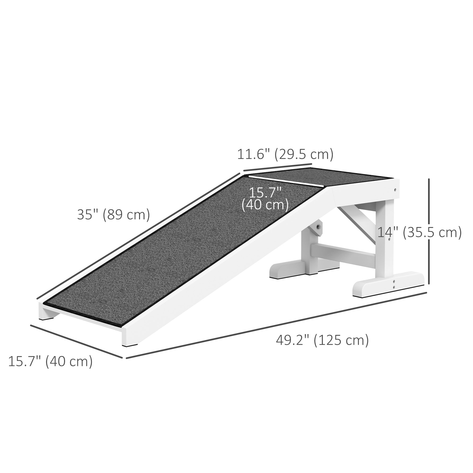 PawHut Pet Ramp Bed Steps for Dogs Cats Non-slip Carpet Top Platform Pine Wood 49"L x 16"W x 14"H White