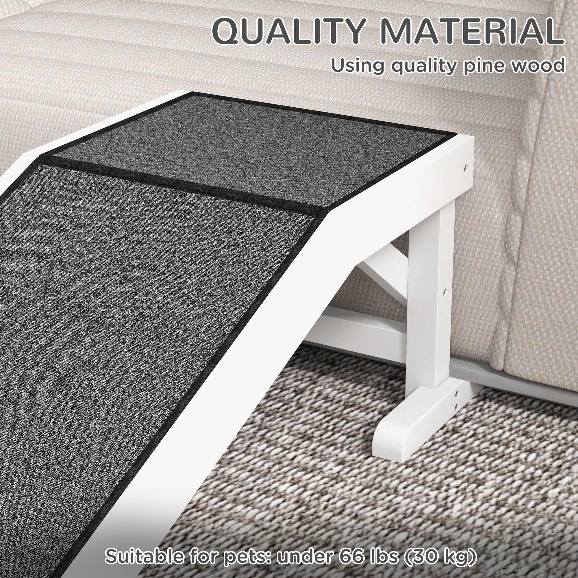 PawHut Pet Ramp Bed Steps for Dogs Cats Non-slip Carpet Top Platform Pine Wood 49"L x 16"W x 14"H White